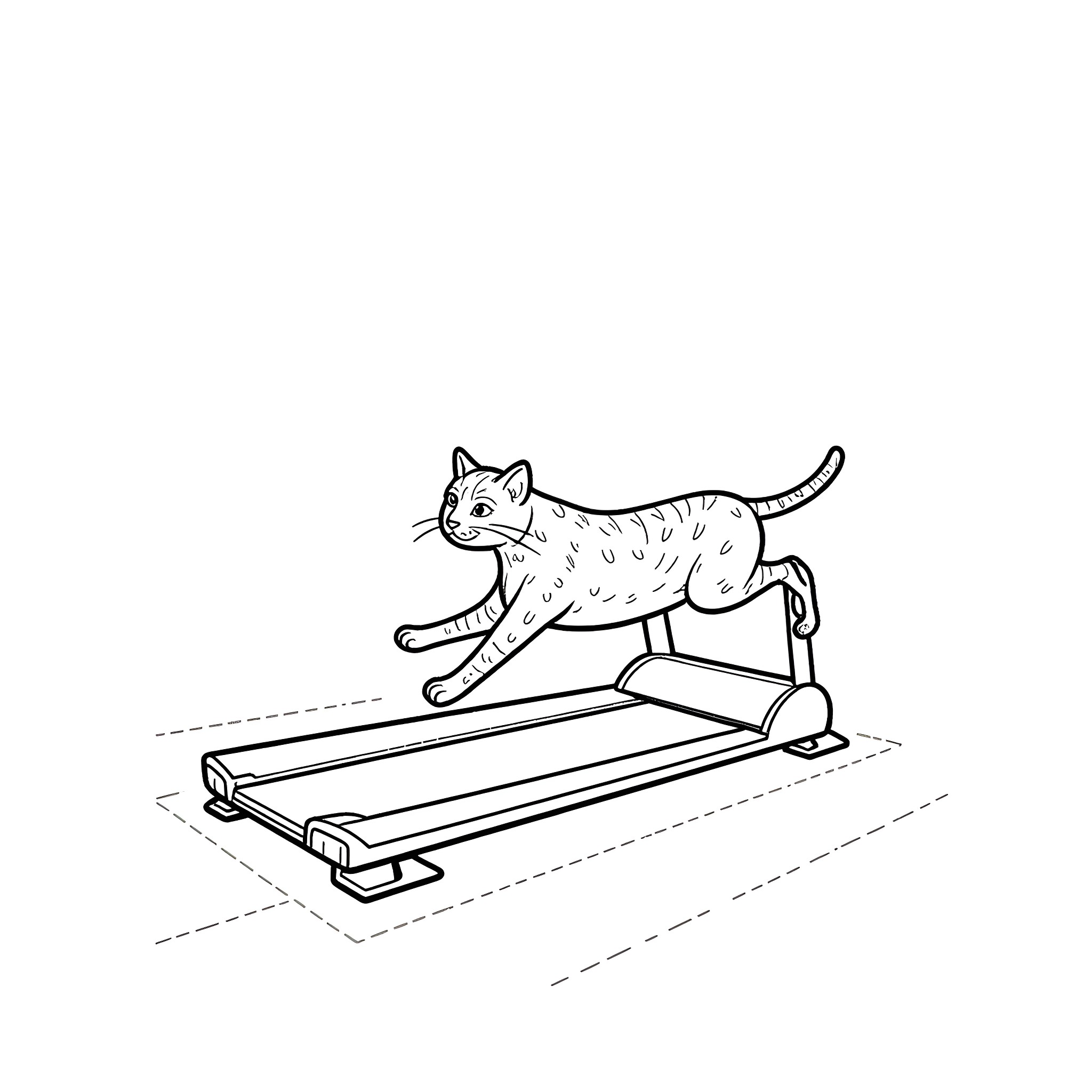 Cat exercising on treadmill Coloring Page (free black-and-white line drawing printable PDF for all, from beginners to advanced learners, including children, teens, adults, and seniors)