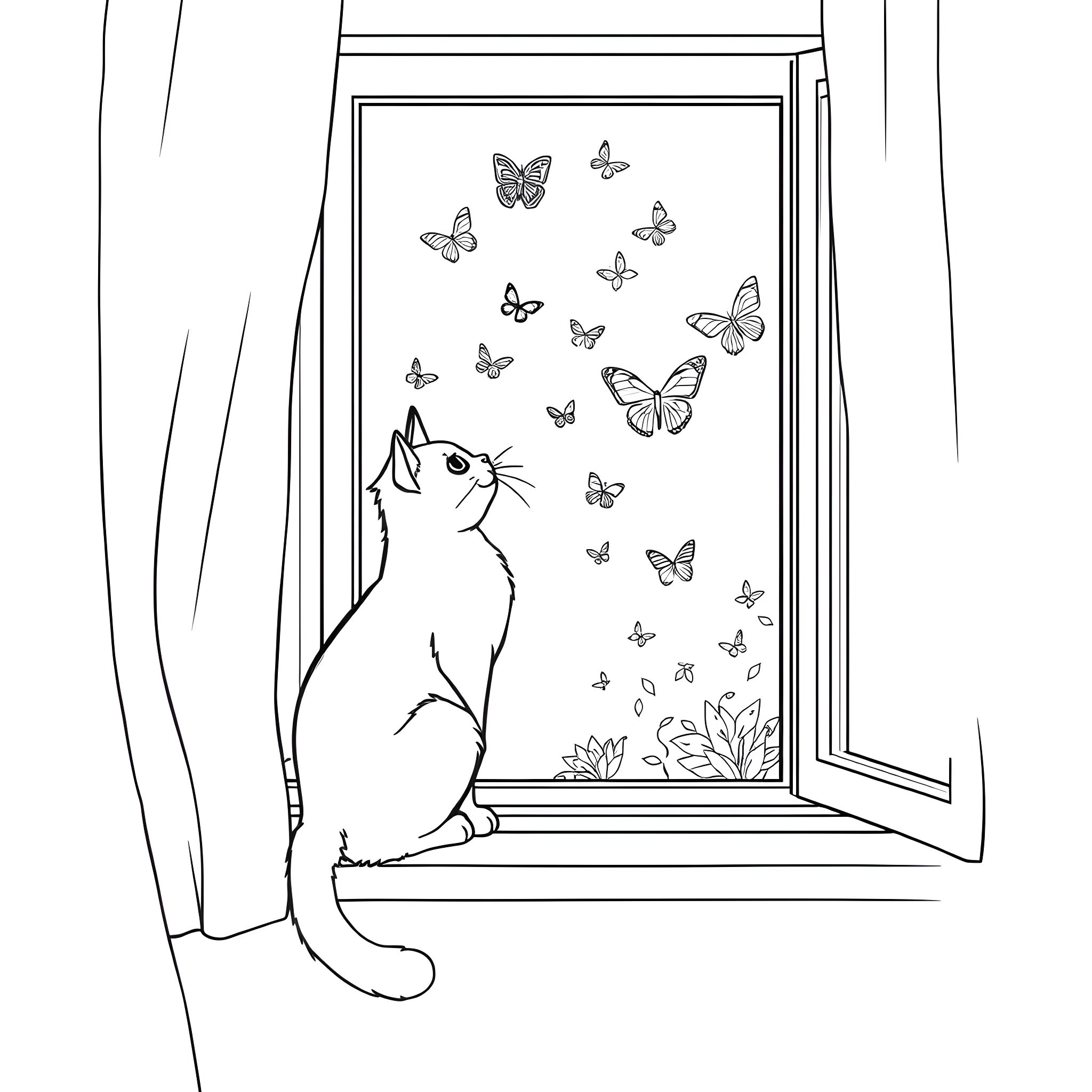 Cat observing butterflies in the window Coloring Page (free black-and-white line drawing printable PDF for all, from beginners to advanced learners, including children, teens, adults, and seniors)