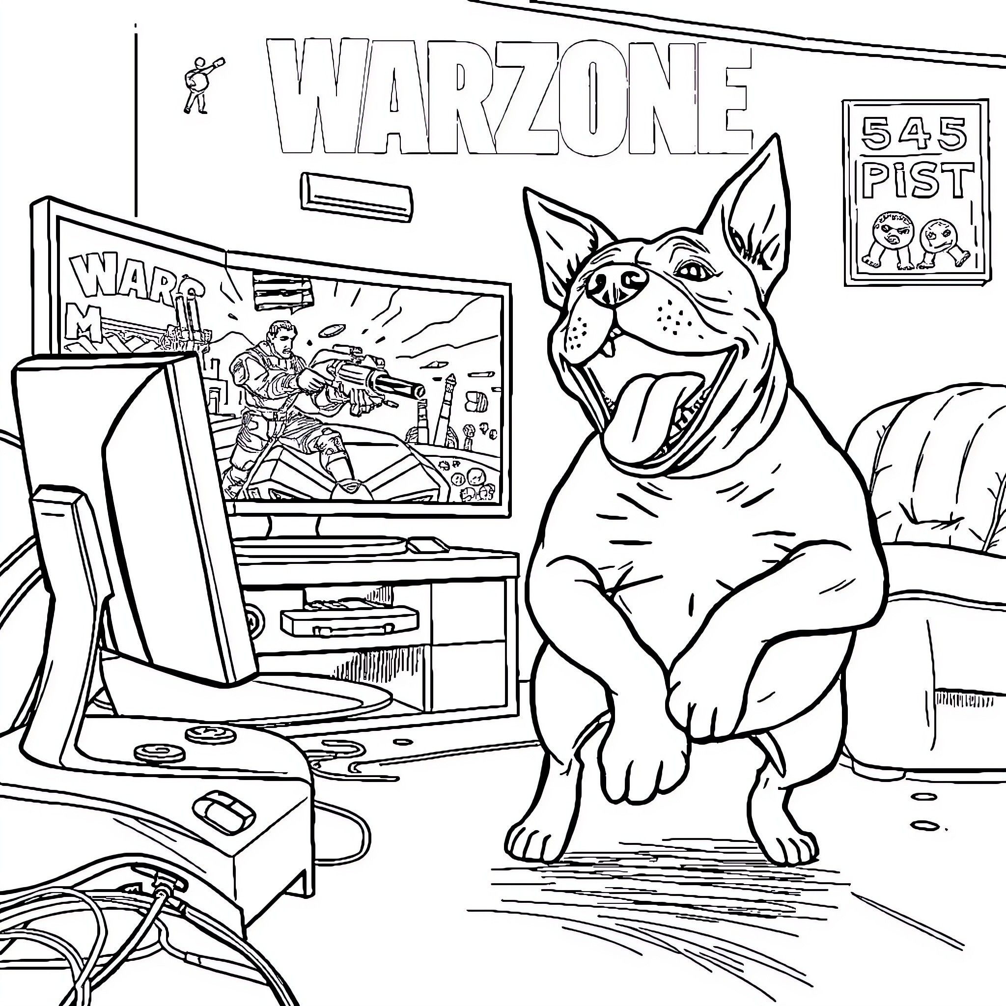 Pitbull playing video game in home arcade Coloring Page (free black-and-white line drawing printable PDF for all, from beginners to advanced learners, including children, teens, adults, and seniors)