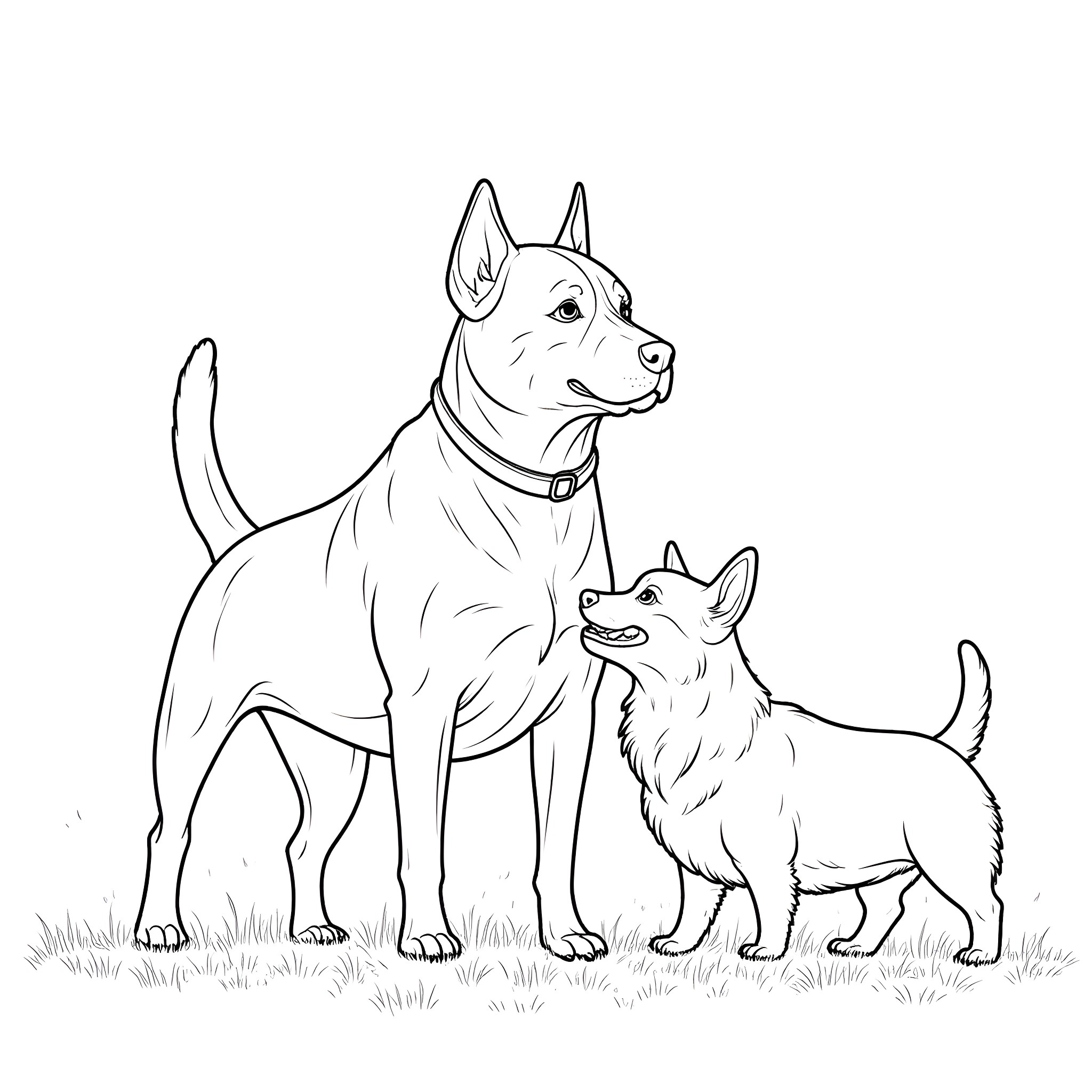 Rottweiler and small dog standing together Coloring Page (free black-and-white line drawing printable PDF for all, from beginners to advanced learners, including children, teens, adults, and seniors)