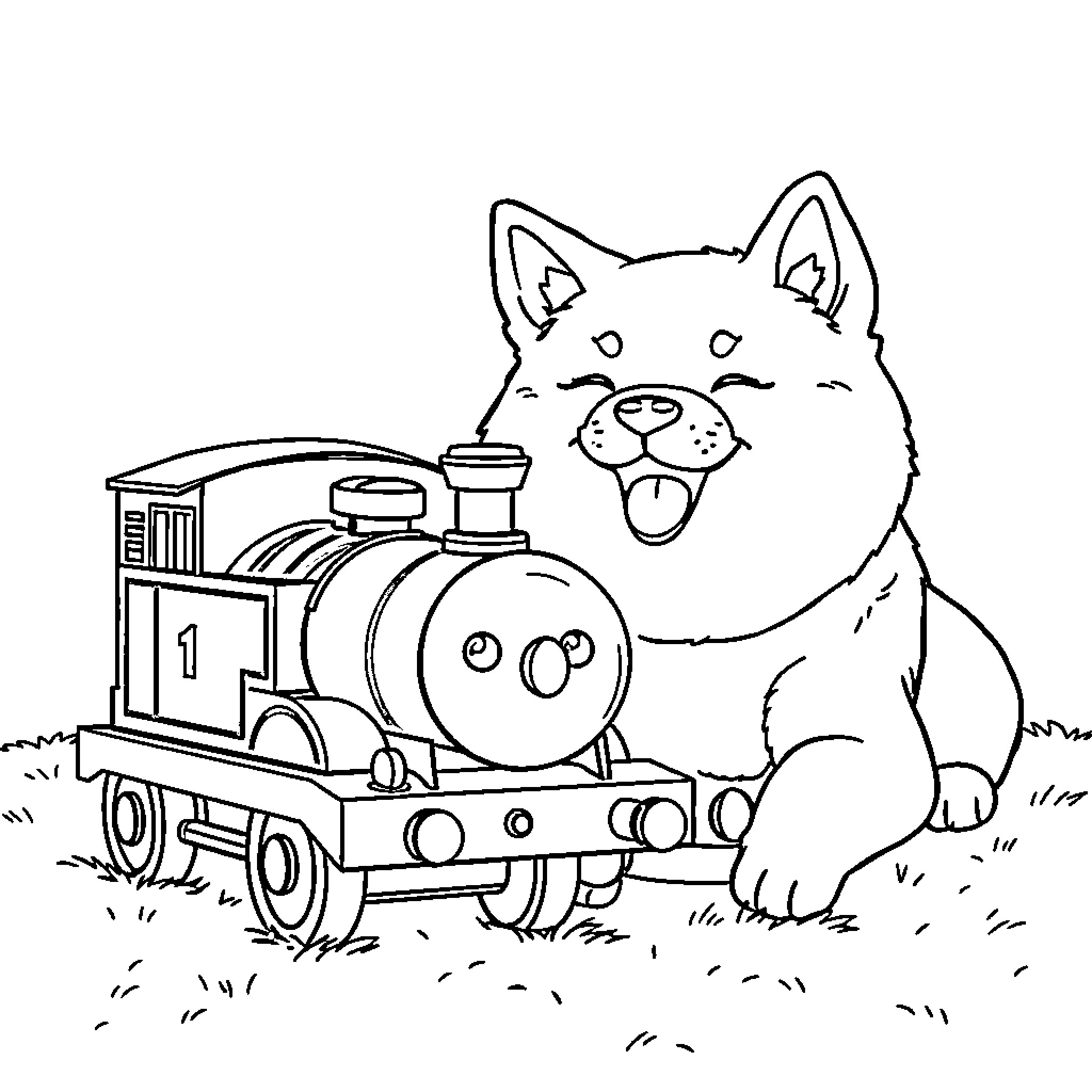 Doge playing with toy train on the grass Coloring Page (free black-and-white line drawing printable PDF for all, from beginners to advanced learners, including children, teens, adults, and seniors)