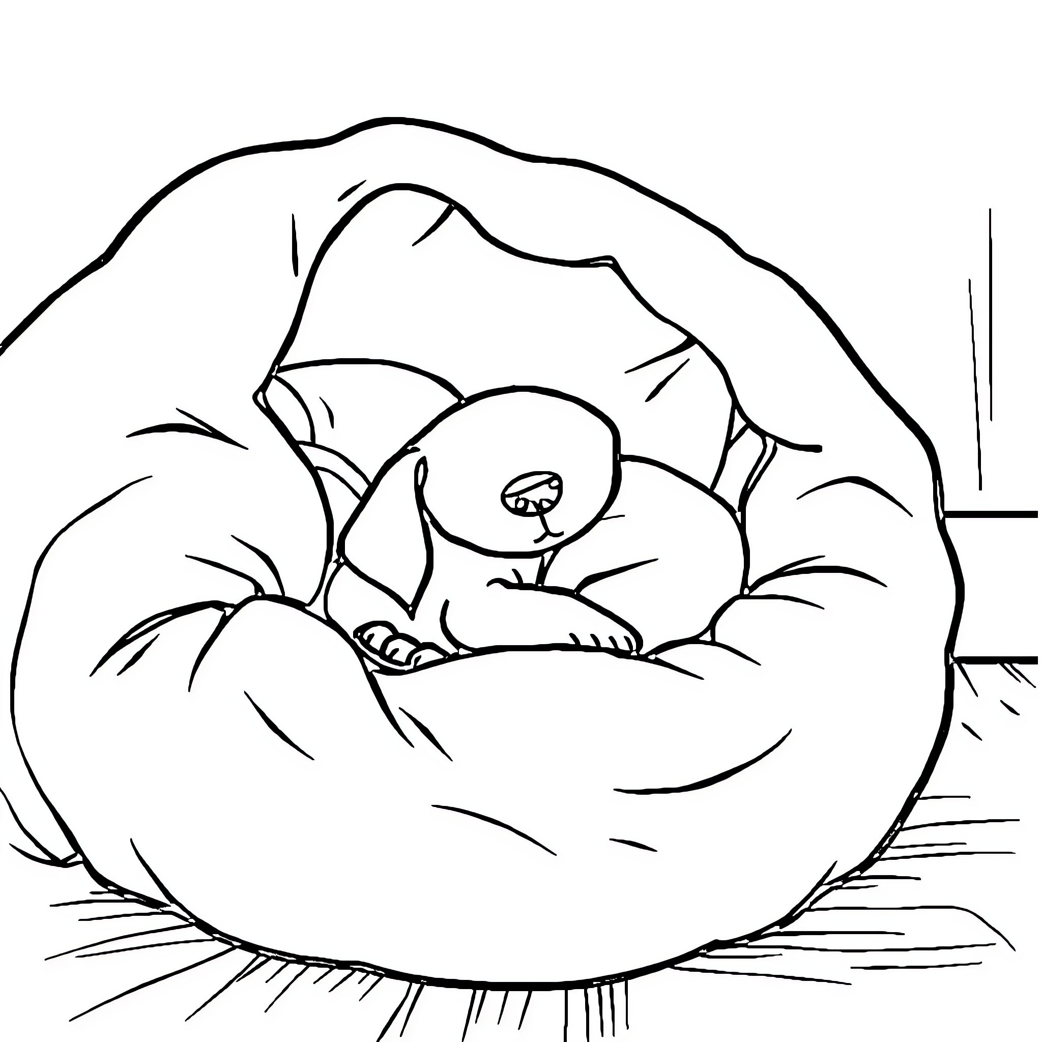 Dog sleeping peacefully in a cozy nest Coloring Page (free black-and-white line drawing printable PDF for all, from beginners to advanced learners, including children, teens, adults, and seniors)