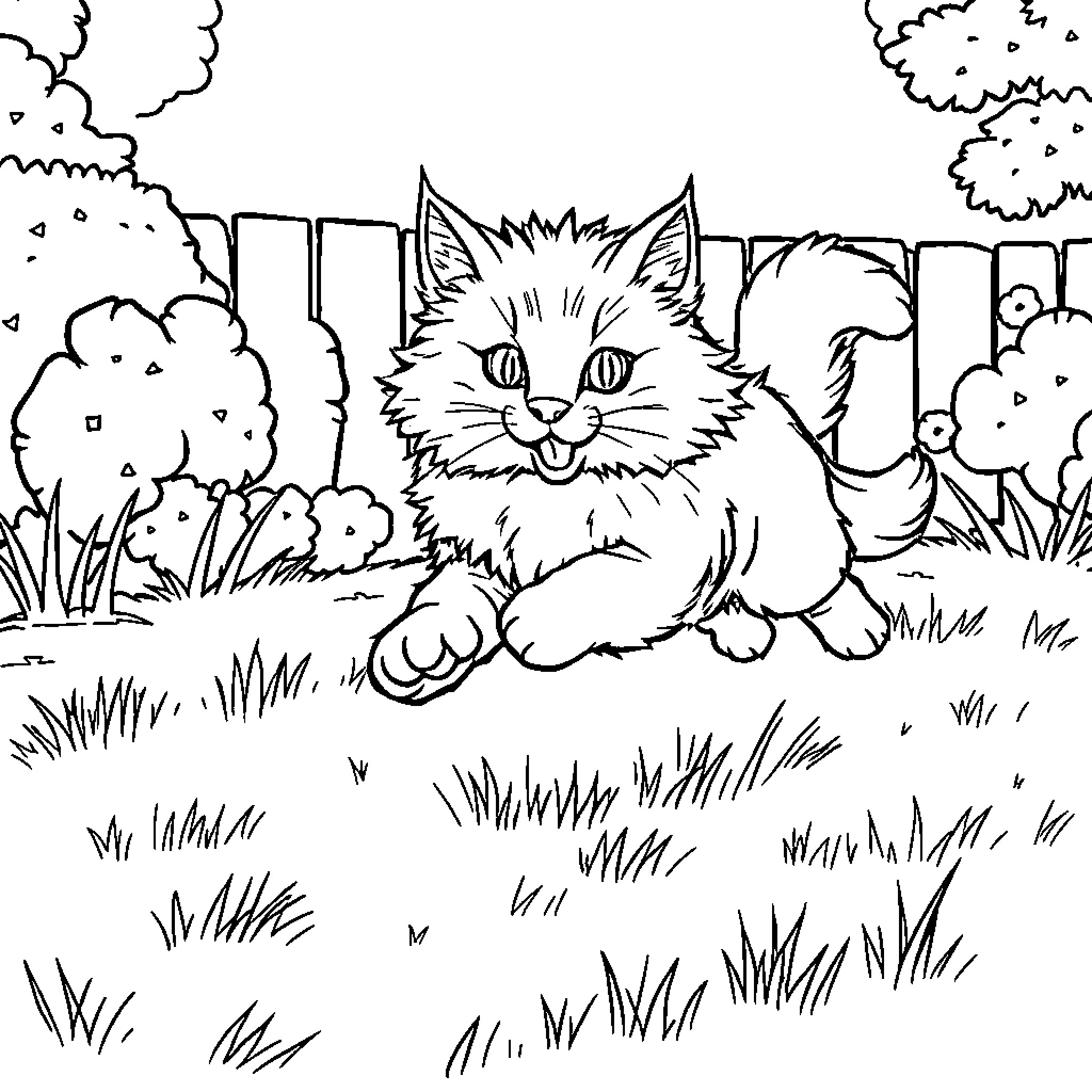 Cat playing in a scenic outdoor setting Coloring Page (free black-and-white line drawing printable PDF for all, from beginners to advanced learners, including children, teens, adults, and seniors)