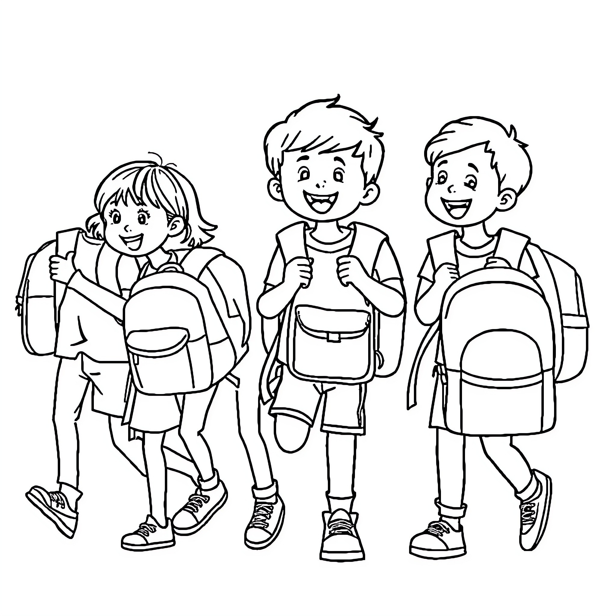 School Children Happily Heading to Class Coloring Page (free black-and-white line drawing printable PDF for all, from beginners to advanced learners, including children, teens, adults, and seniors)