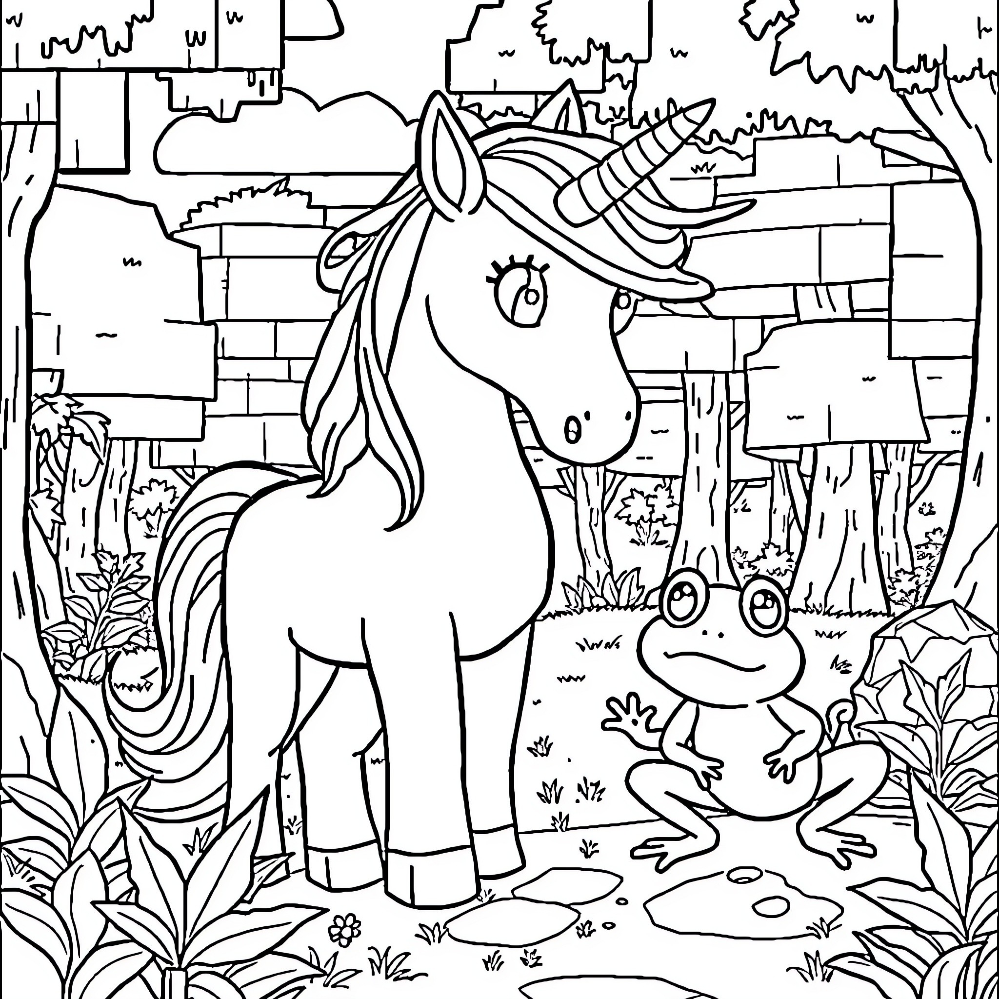 Unicorn and Frog in Enchanted Forest Coloring Page (free black-and-white line drawing printable PDF for all, from beginners to advanced learners, including children, teens, adults, and seniors)