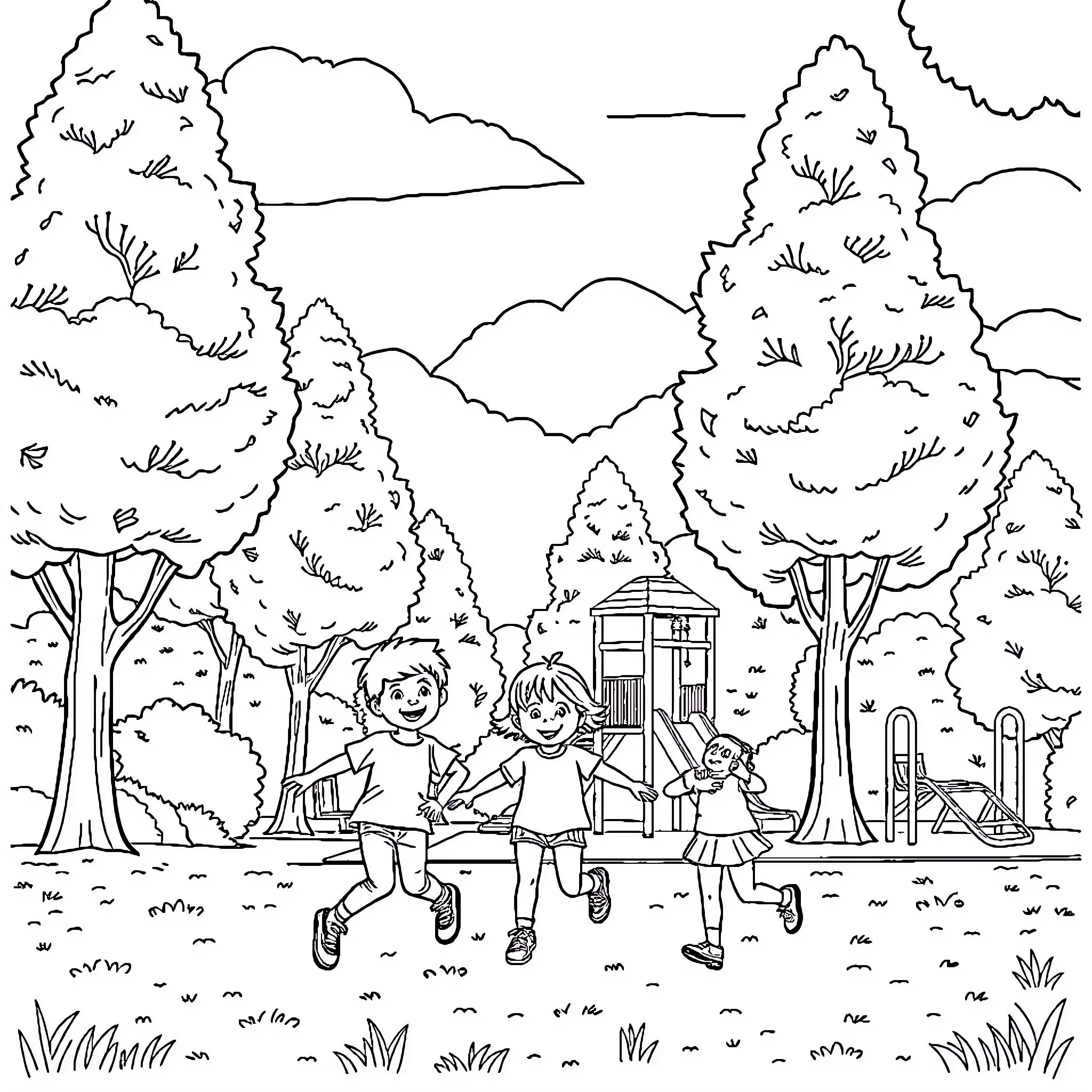 Kid Exploring Outdoor Adventure with Friends Coloring Page (free black-and-white line drawing printable PDF for all, from beginners to advanced learners, including children, teens, adults, and seniors)