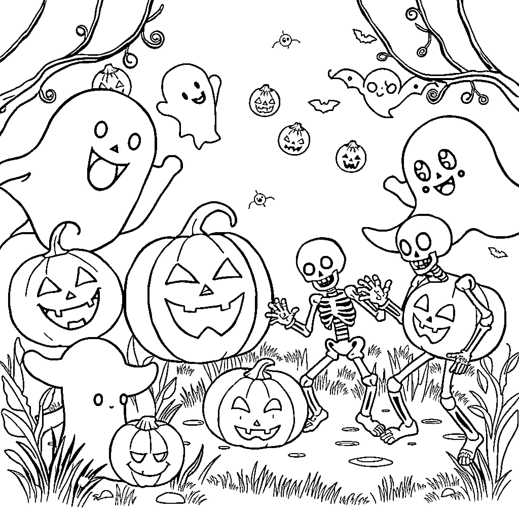 Pumpkin-filled Halloween party with spooky ghosts and skeletons Coloring Page (free black-and-white line drawing printable PDF for all, from beginners to advanced learners, including children, teens, adults, and seniors)