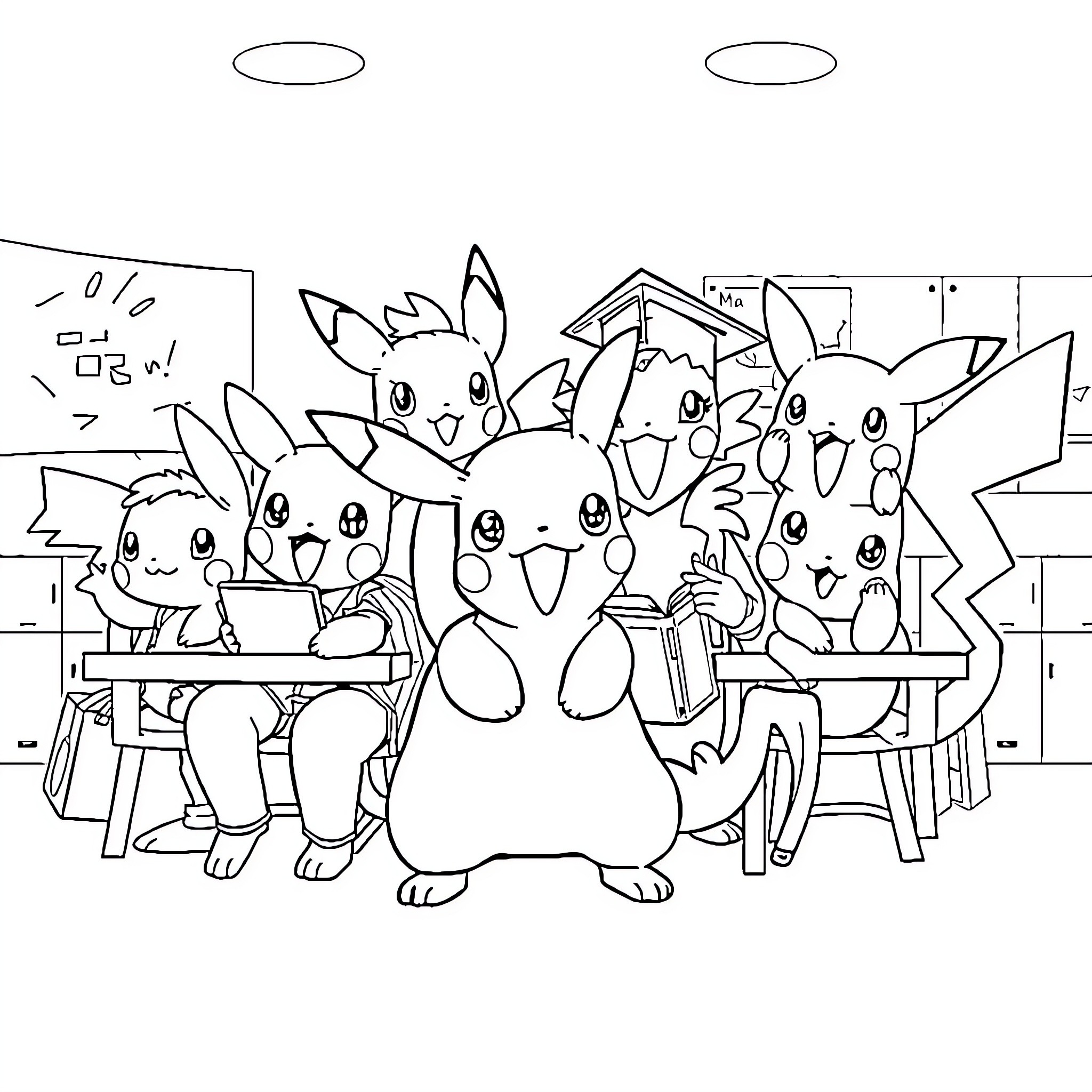 Pokémon Characters in a Classroom Setting Coloring Page (free black-and-white line drawing printable PDF for all, from beginners to advanced learners, including children, teens, adults, and seniors)