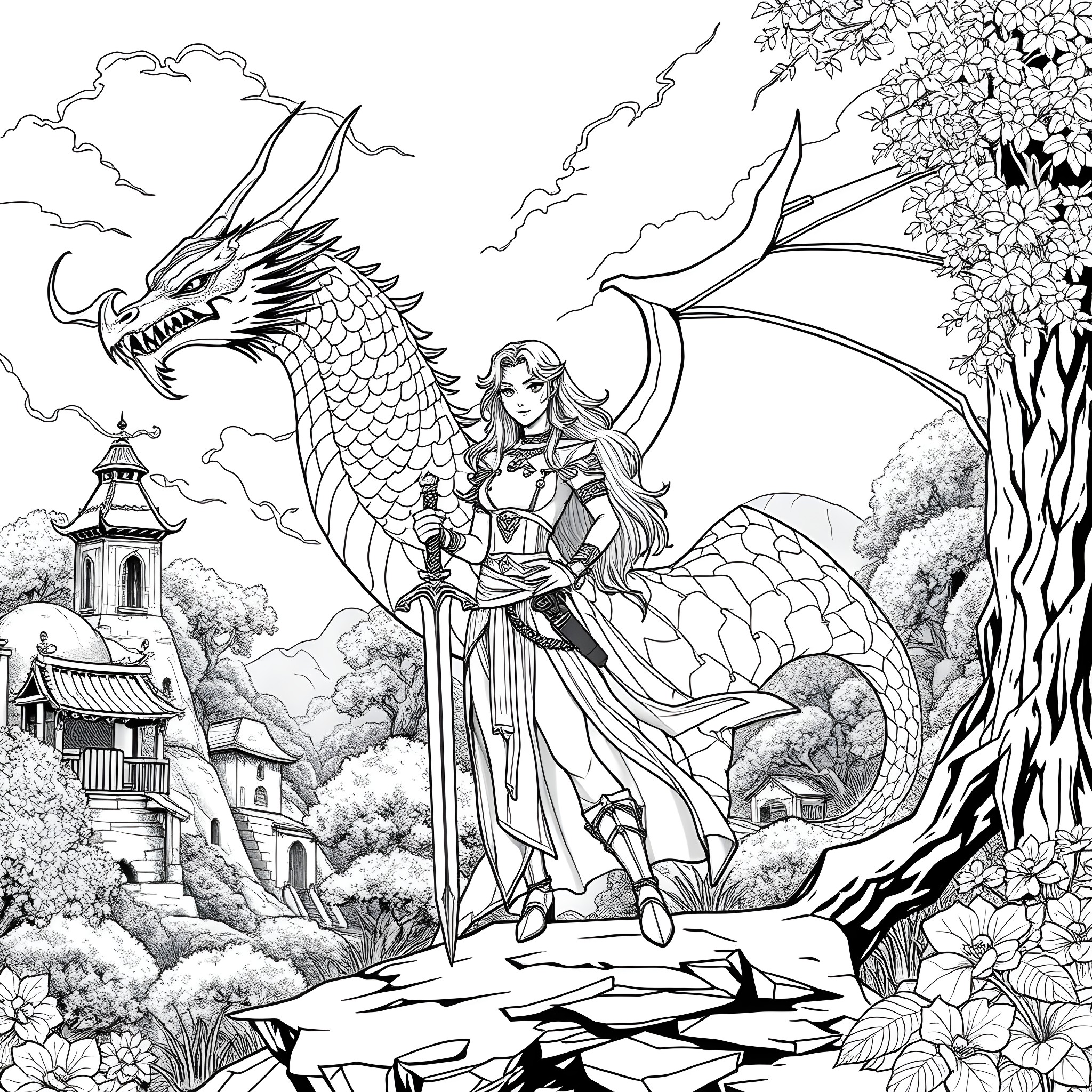 Raya's Encounter with the Majestic Dragon Coloring Page (free black-and-white line drawing printable PDF for all, from beginners to advanced learners, including children, teens, adults, and seniors)