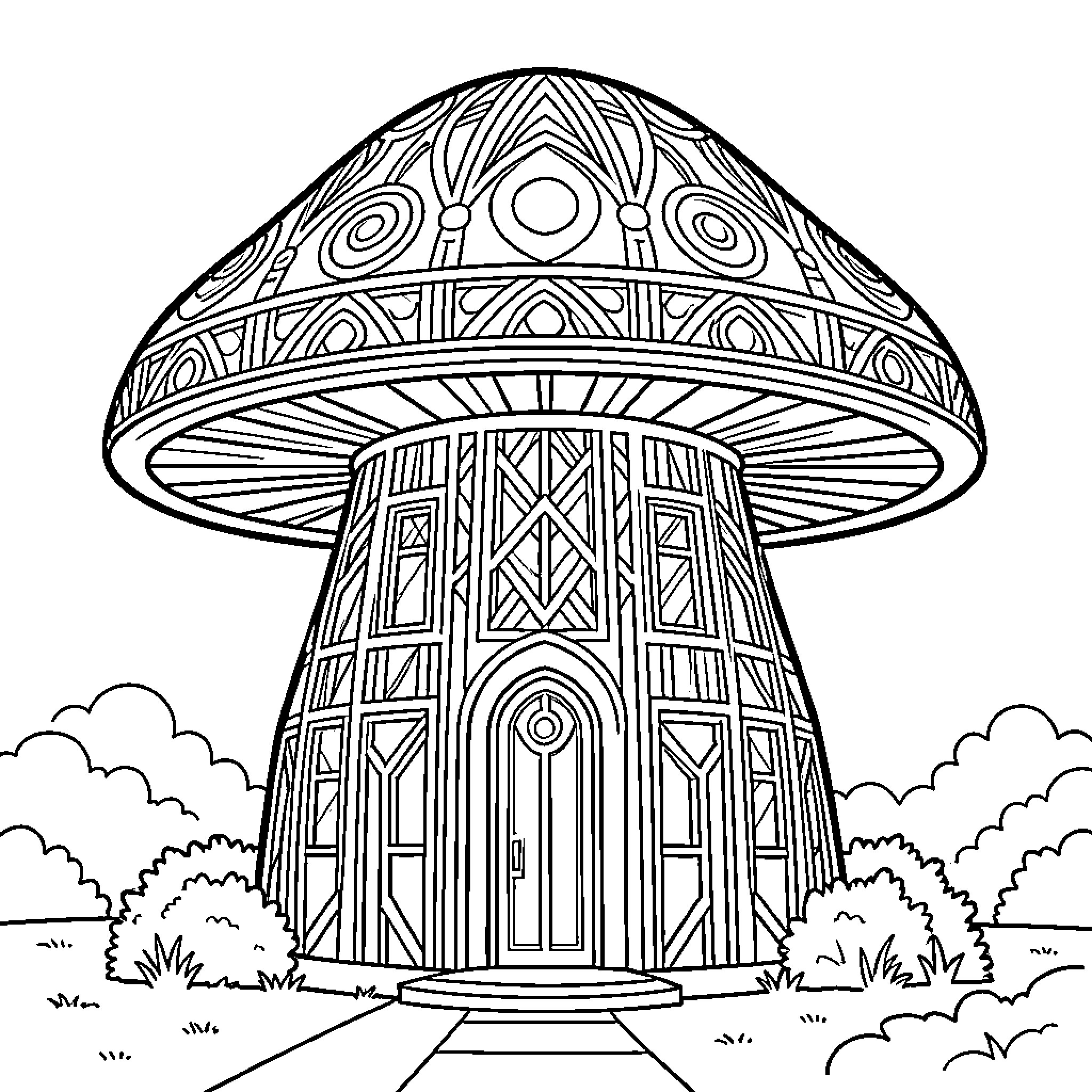 Mushroom shaped house with intricate patterns and a door Coloring Page (free black-and-white line drawing printable PDF for all, from beginners to advanced learners, including children, teens, adults, and seniors)