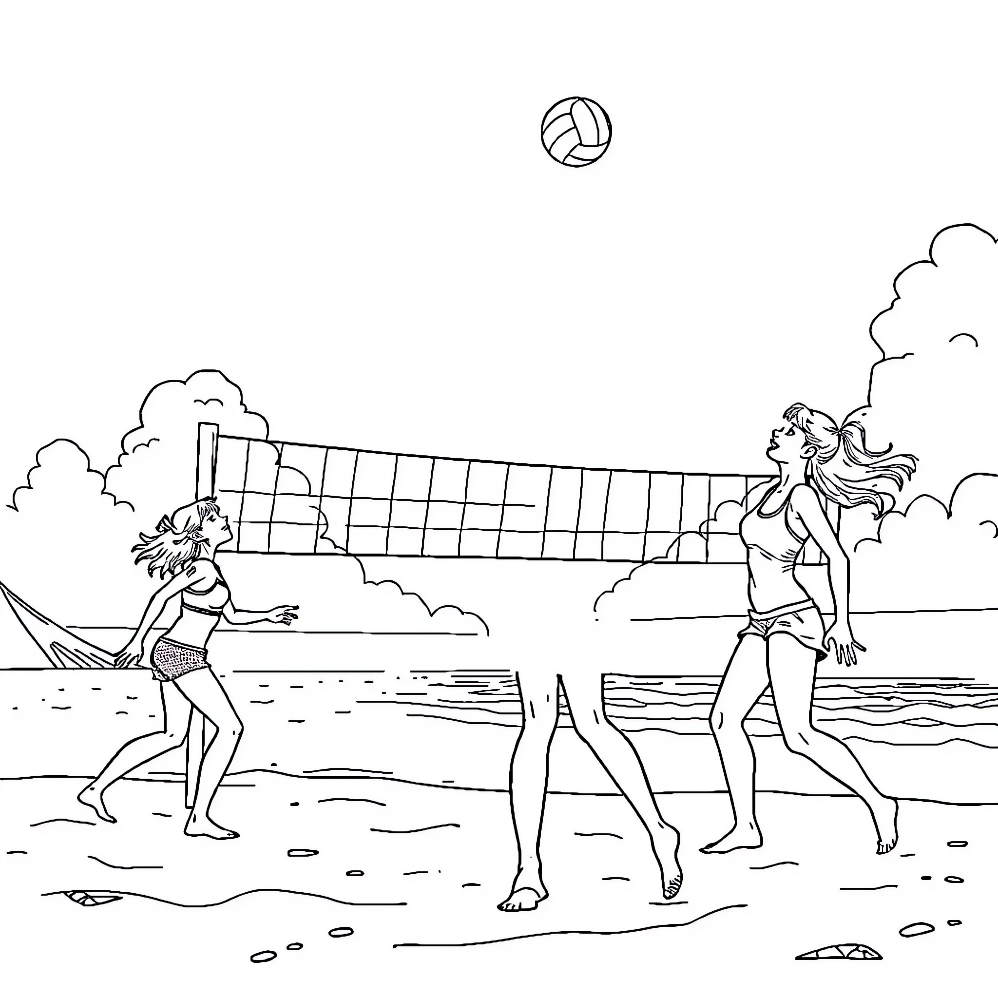 Girls playing beach volleyball on the shore Coloring Page (free black-and-white line drawing printable PDF for all, from beginners to advanced learners, including children, teens, adults, and seniors)
