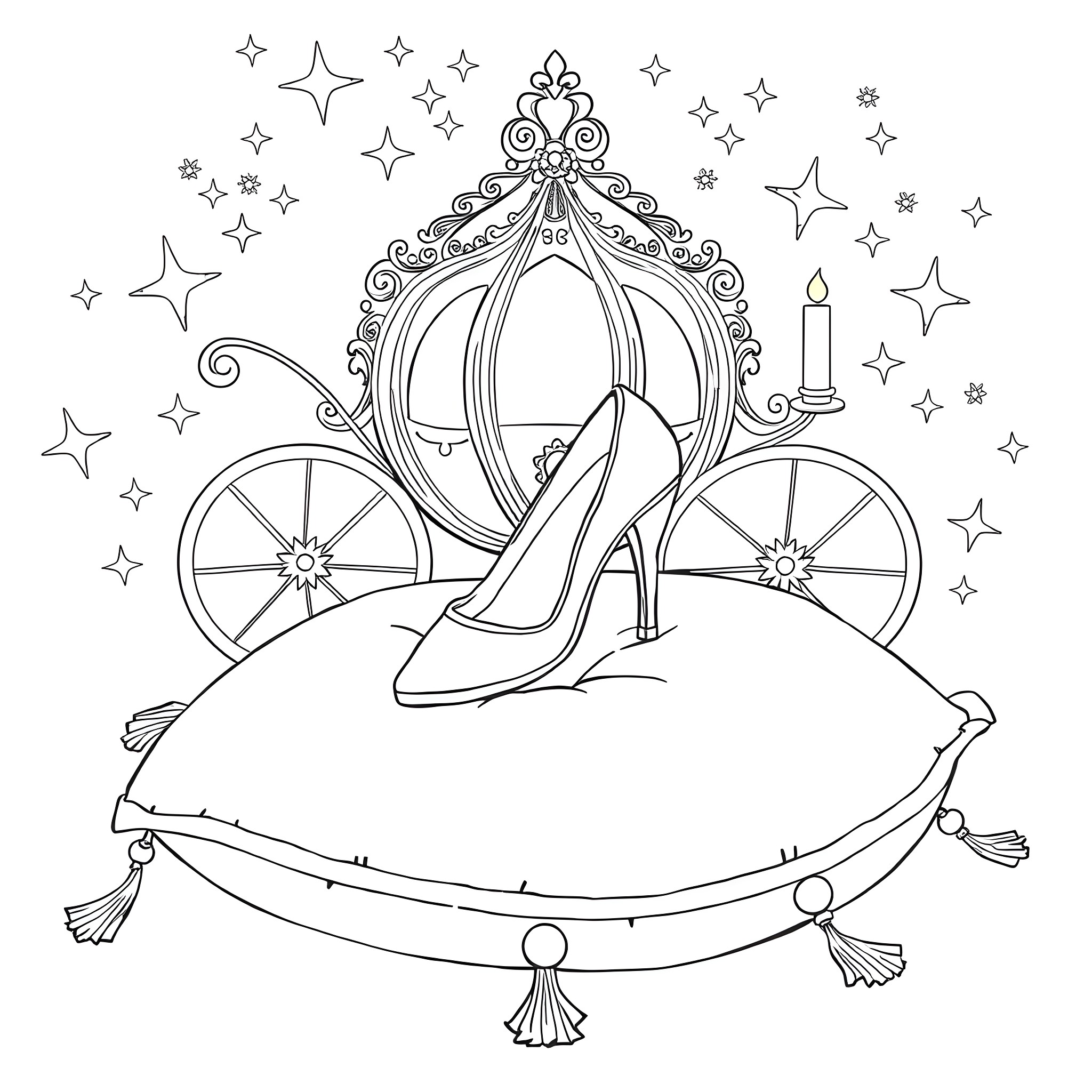 Cinderella's Magical Carriage and Glass Slipper Coloring Page (free black-and-white line drawing printable PDF for all, from beginners to advanced learners, including children, teens, adults, and seniors)