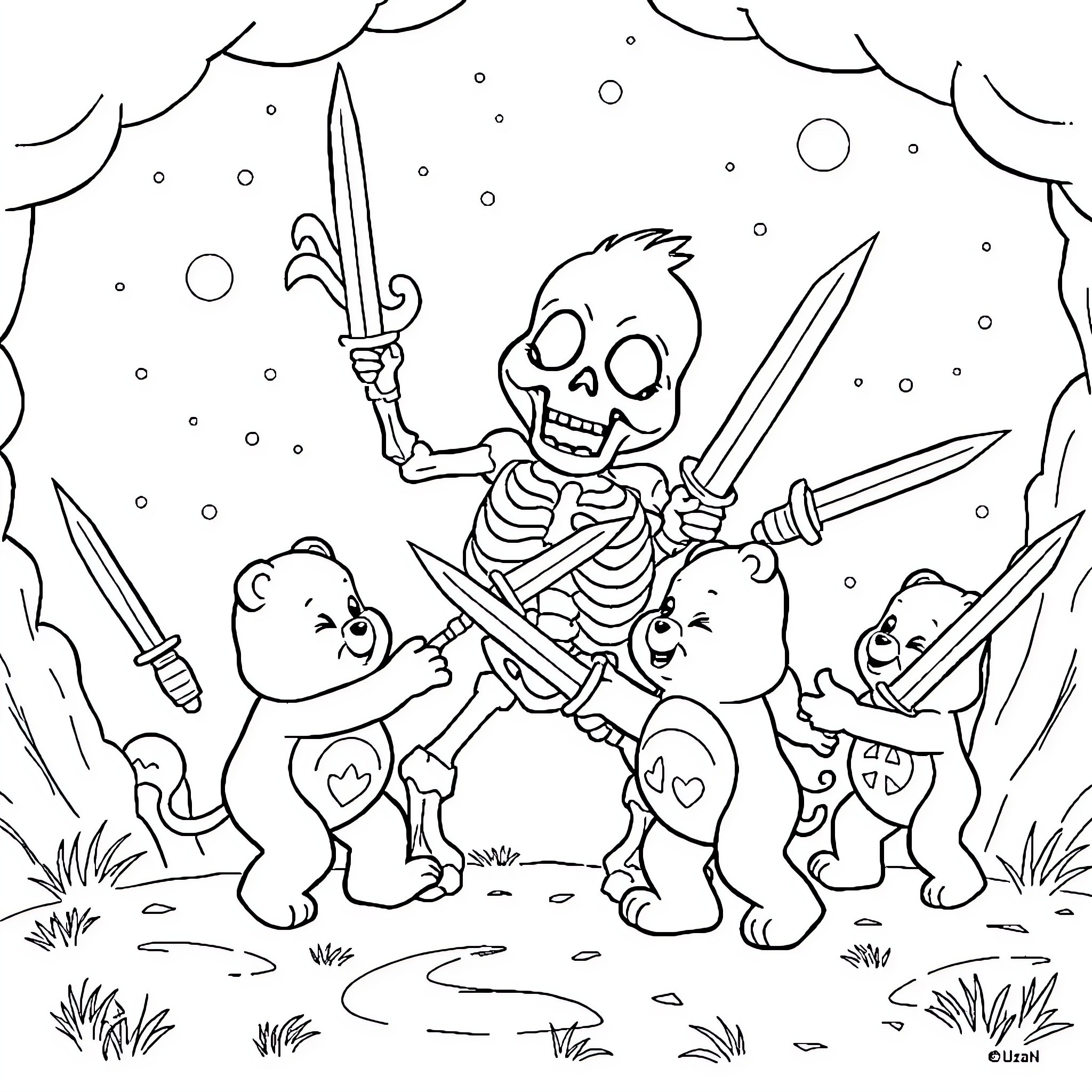 Care Bear warriors battle a skeleton with swords Coloring Page (free black-and-white line drawing printable PDF for all, from beginners to advanced learners, including children, teens, adults, and seniors)