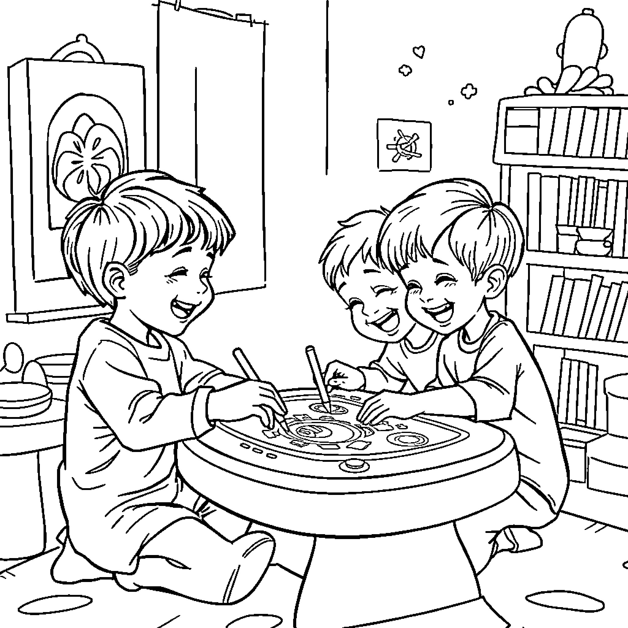 Kid playing board game together happily Coloring Page (free black-and-white line drawing printable PDF for all, from beginners to advanced learners, including children, teens, adults, and seniors)