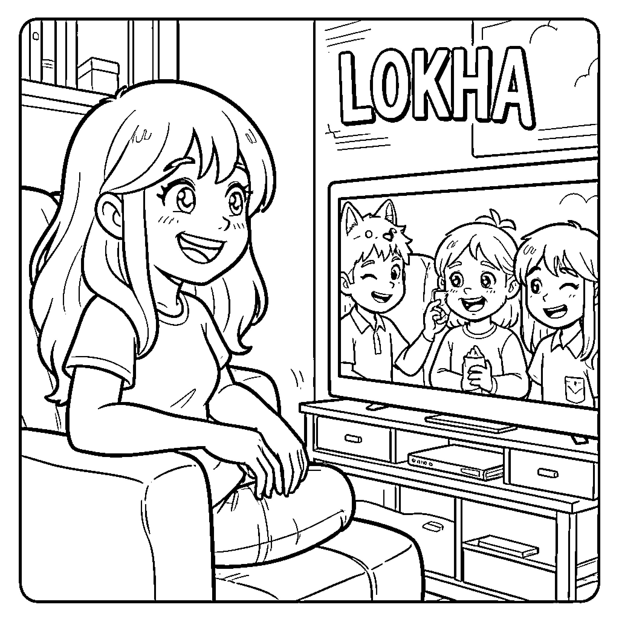 Cathan girl smiling while watching a cartoon on television Coloring Page (free black-and-white line drawing printable PDF for all, from beginners to advanced learners, including children, teens, adults, and seniors)
