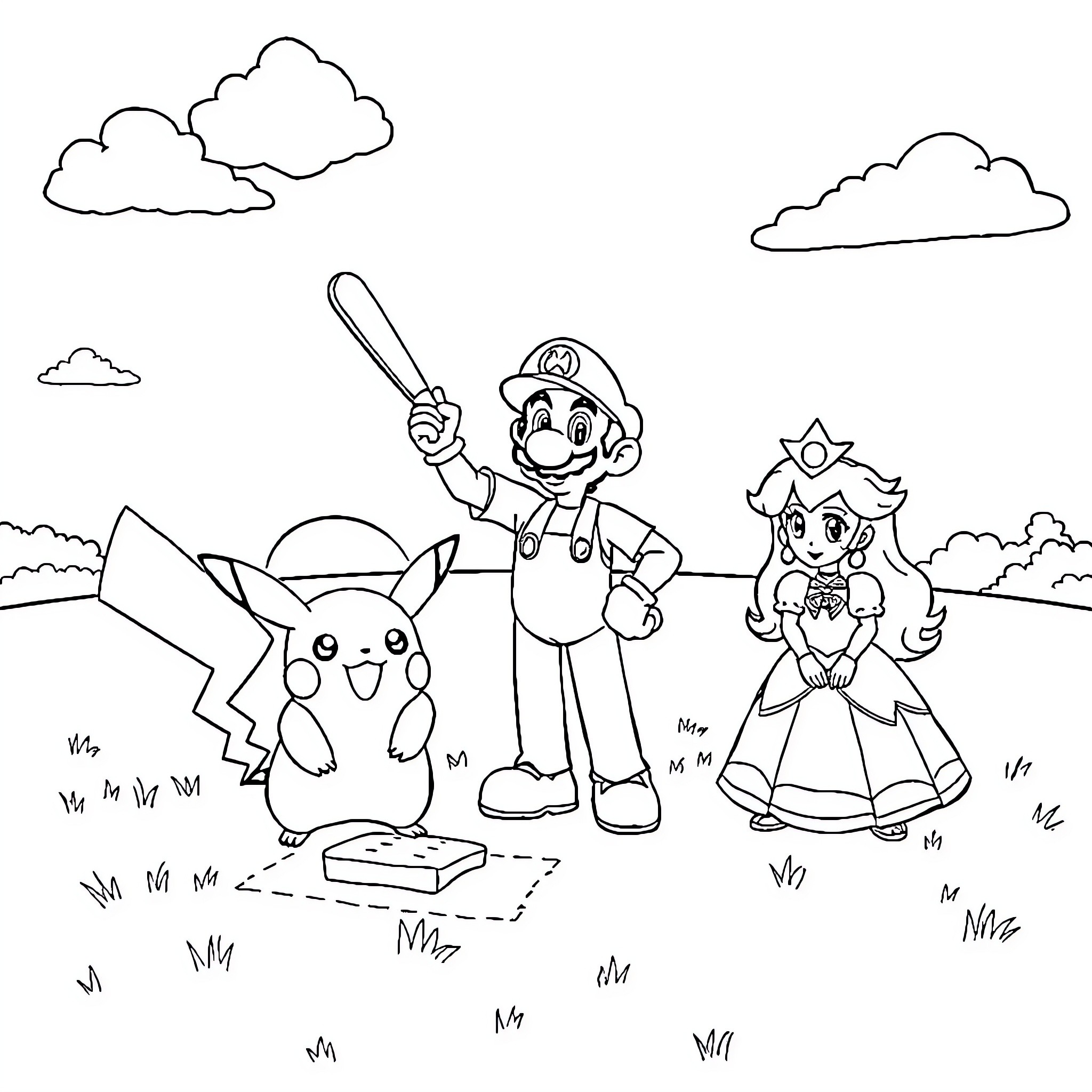 Pikachu and friends adventure in the outdoors Coloring Page (free black-and-white line drawing printable PDF for all, from beginners to advanced learners, including children, teens, adults, and seniors)