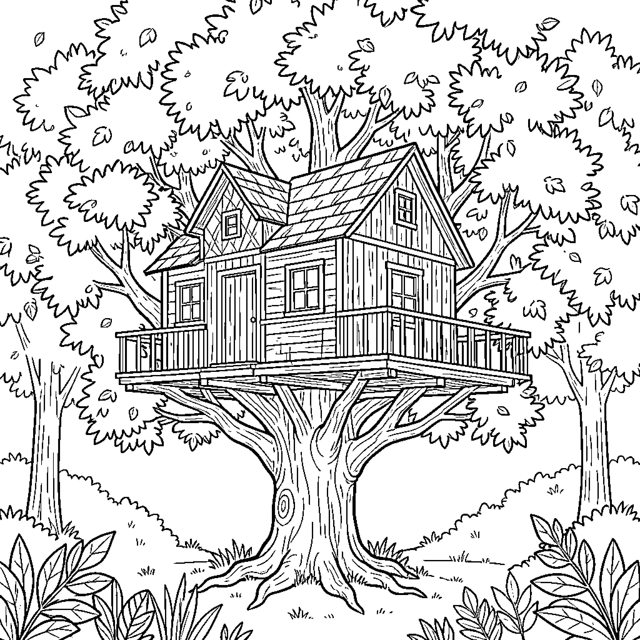Tree House in Wooded Landscape Coloring Page (free black-and-white line drawing printable PDF for all, from beginners to advanced learners, including children, teens, adults, and seniors)