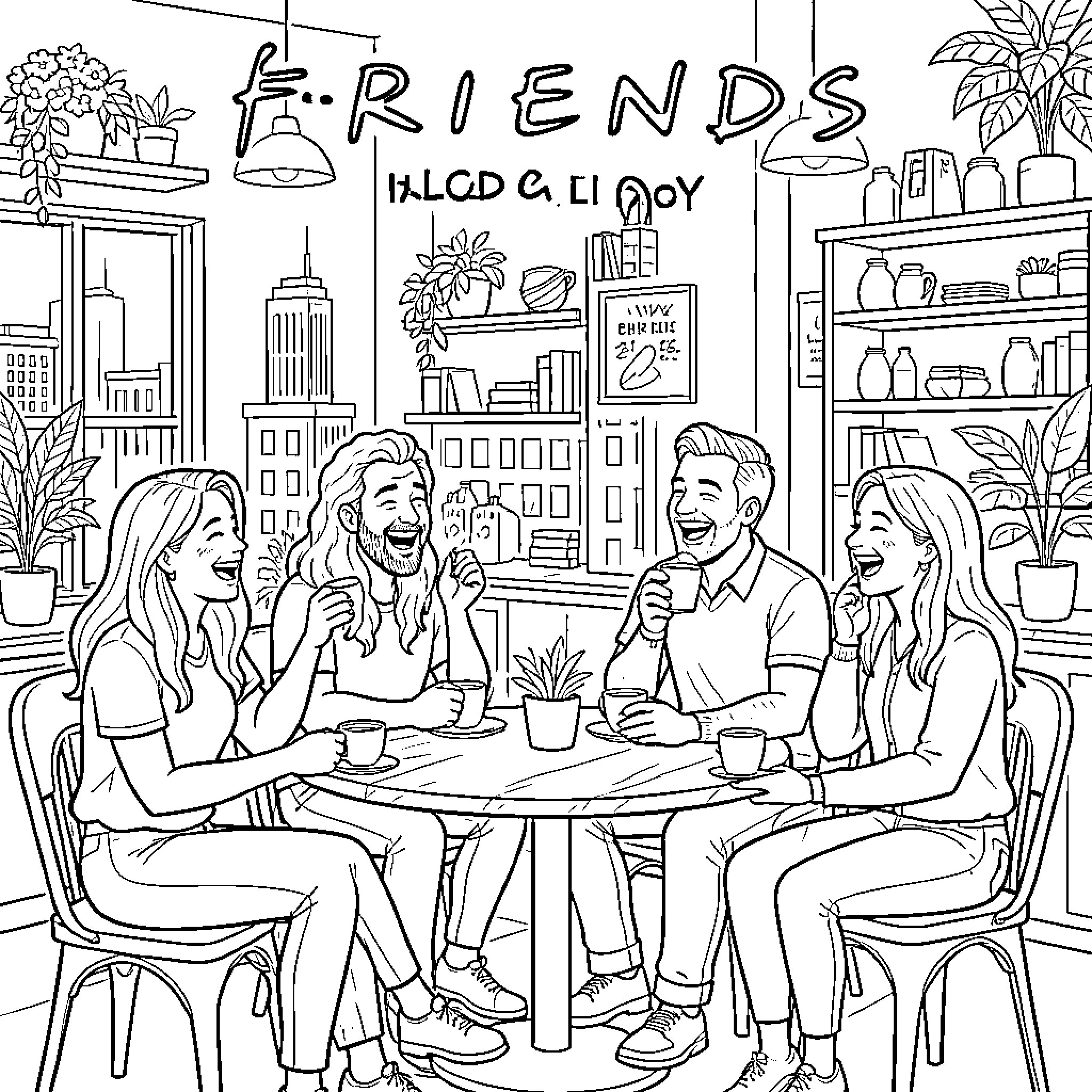 Friends having a lively conversation at a cafe Coloring Page (free black-and-white line drawing printable PDF for all, from beginners to advanced learners, including children, teens, adults, and seniors)