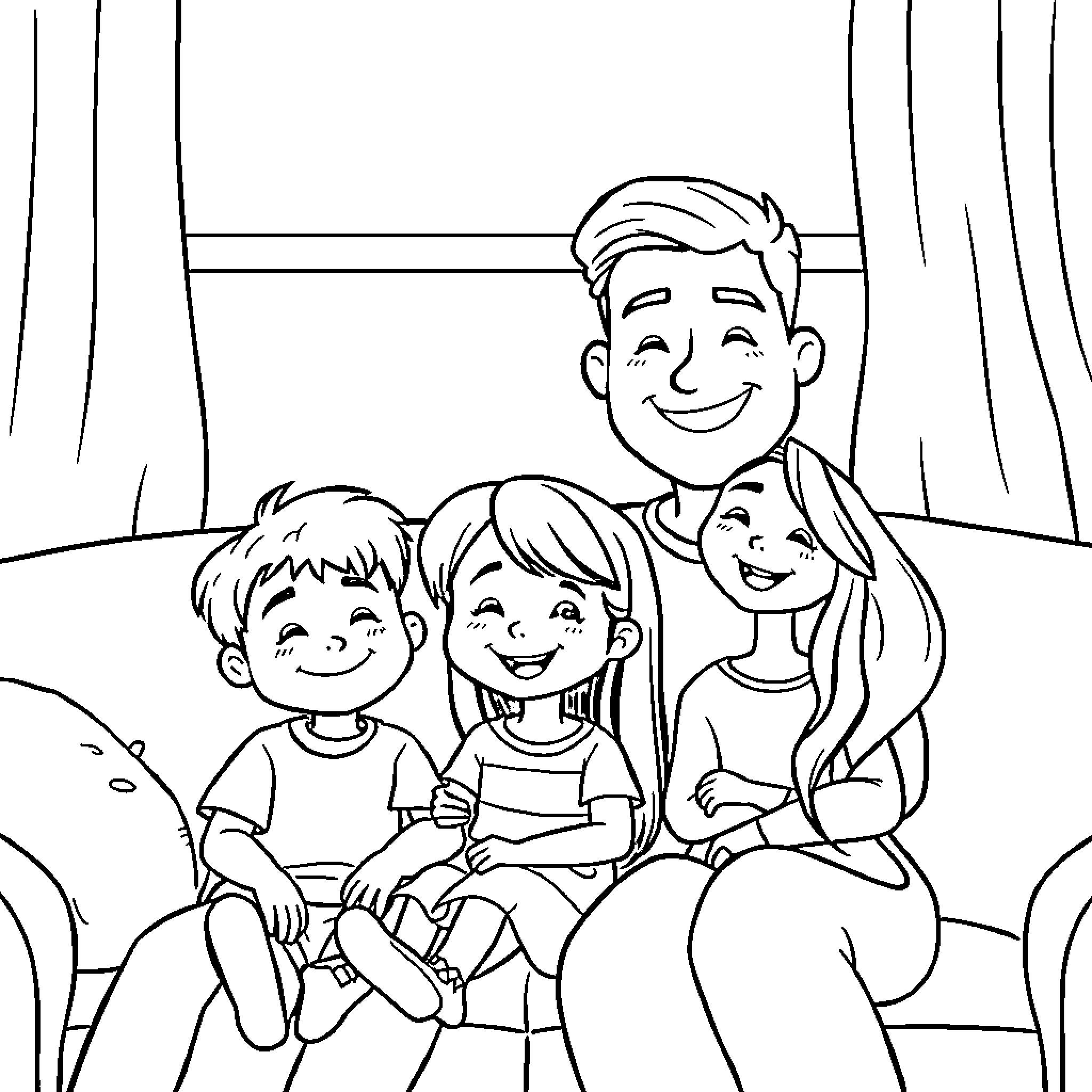 Family enjoying time together at home Coloring Page (free black-and-white line drawing printable PDF for all, from beginners to advanced learners, including children, teens, adults, and seniors)