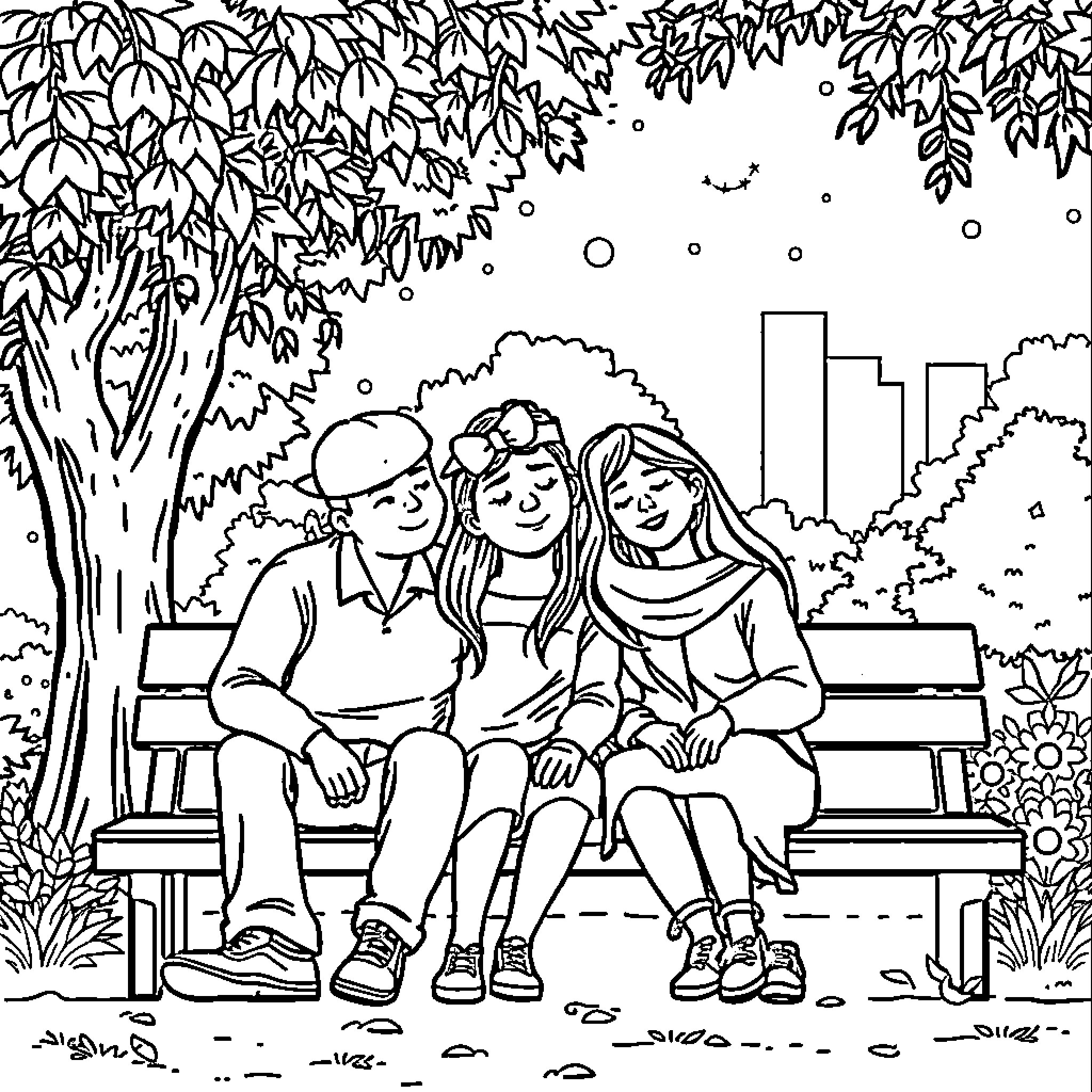 Family enjoying quality time in nature Coloring Page (free black-and-white line drawing printable PDF for all, from beginners to advanced learners, including children, teens, adults, and seniors)