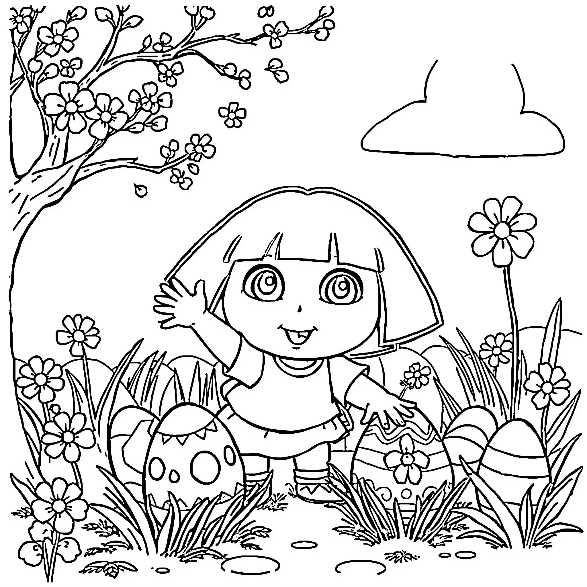Dora Exploring a Whimsical Garden Scene Coloring Page (free black-and-white line drawing printable PDF for all, from beginners to advanced learners, including children, teens, adults, and seniors)