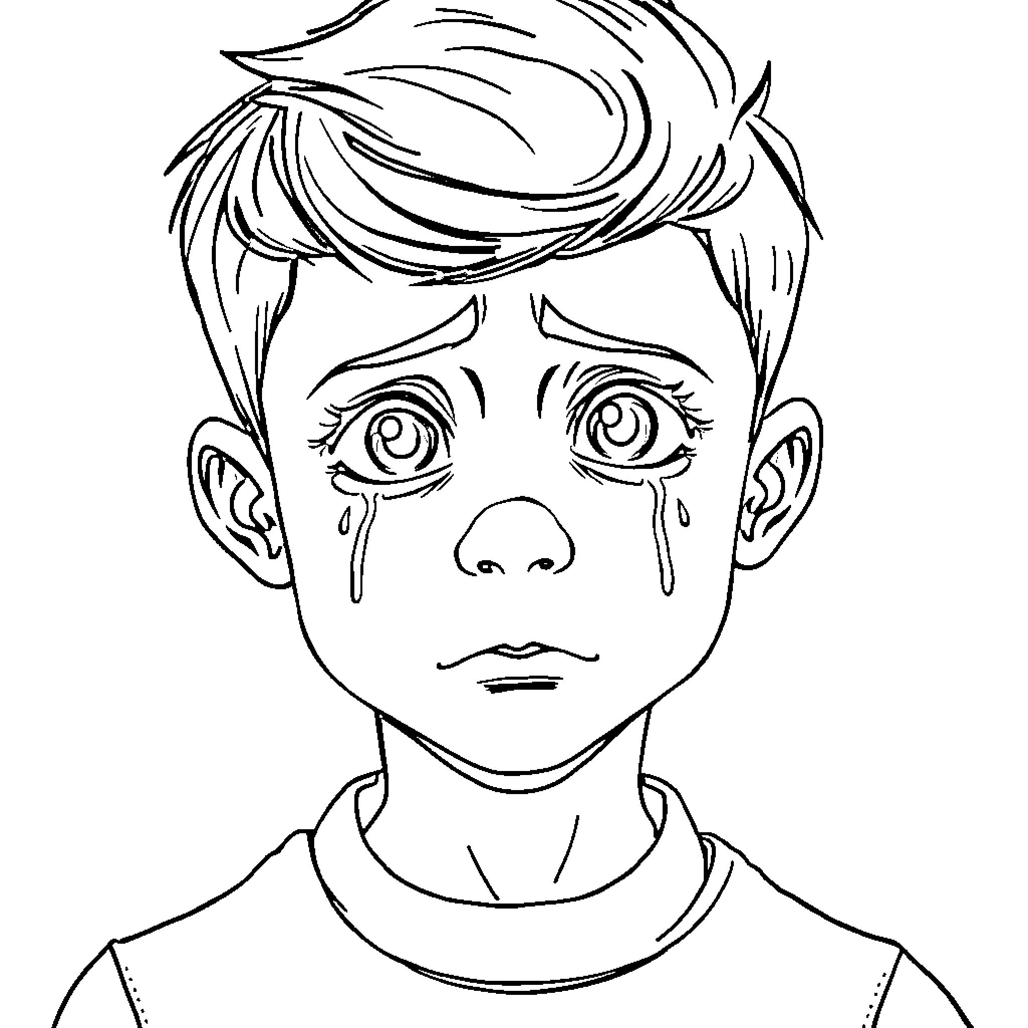 Boy with tear-filled eyes and worried expression Coloring Page (free black-and-white line drawing printable PDF for all, from beginners to advanced learners, including children, teens, adults, and seniors)