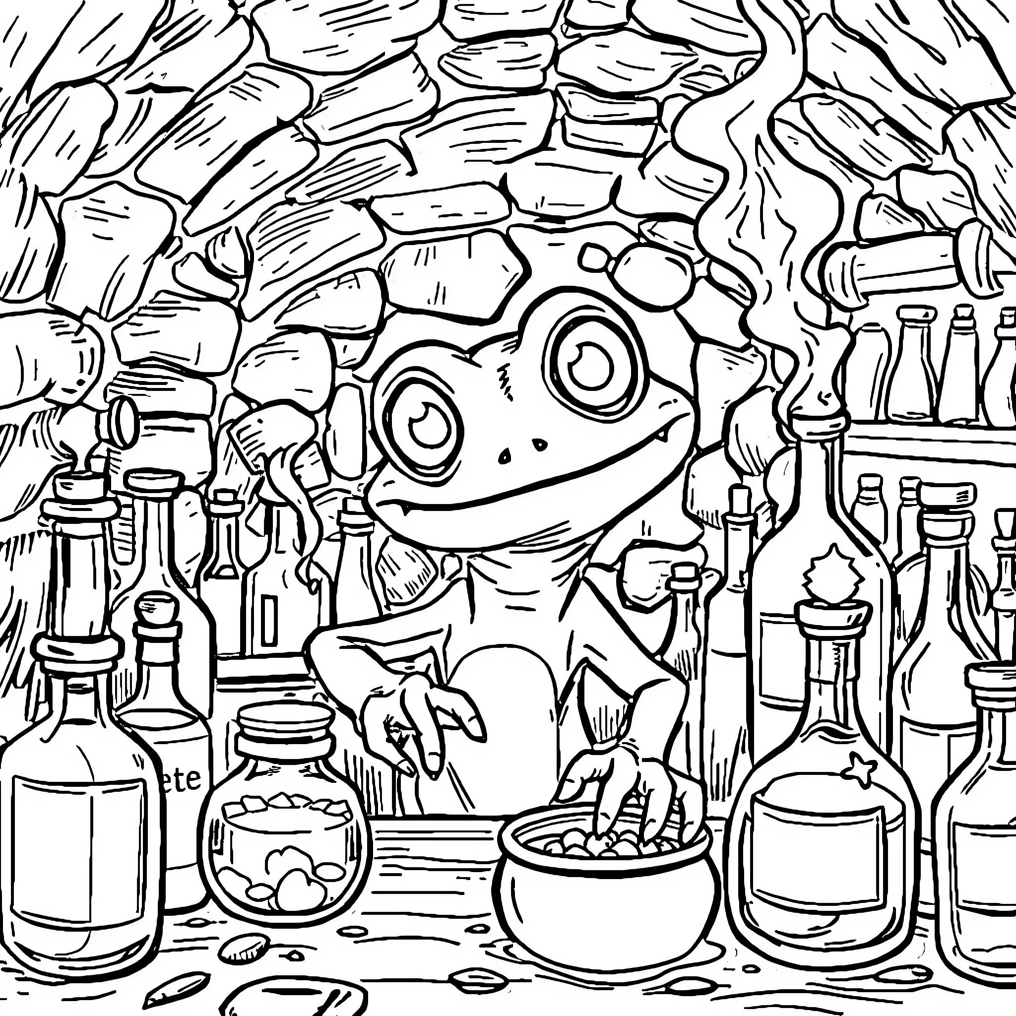 Lizard's Whimsical Laboratory Adventure Coloring Page (free black-and-white line drawing printable PDF for all, from beginners to advanced learners, including children, teens, adults, and seniors)