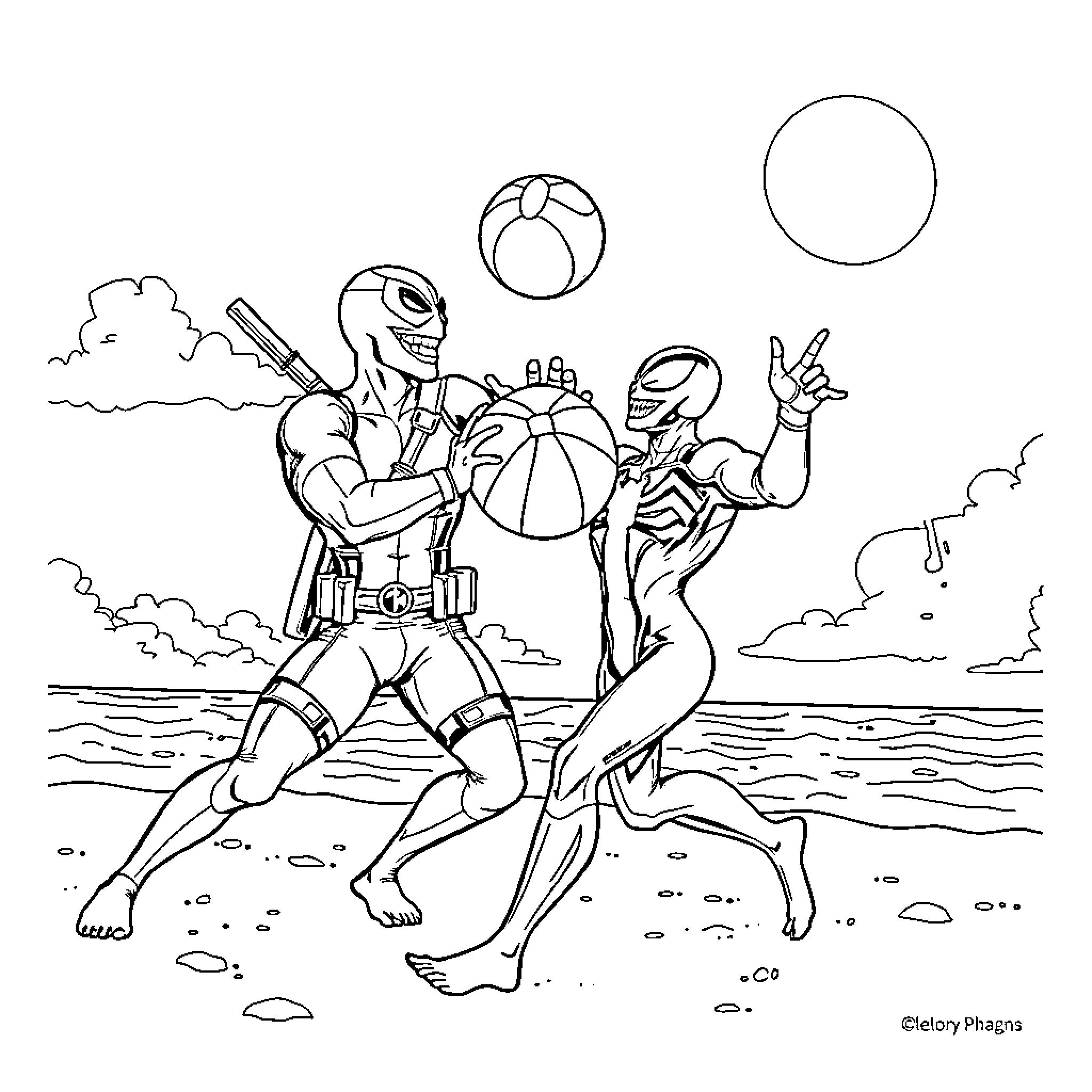 Deadpool and Spiderman Enjoying Beach Day Coloring Page (free black-and-white line drawing printable PDF for all, from beginners to advanced learners, including children, teens, adults, and seniors)