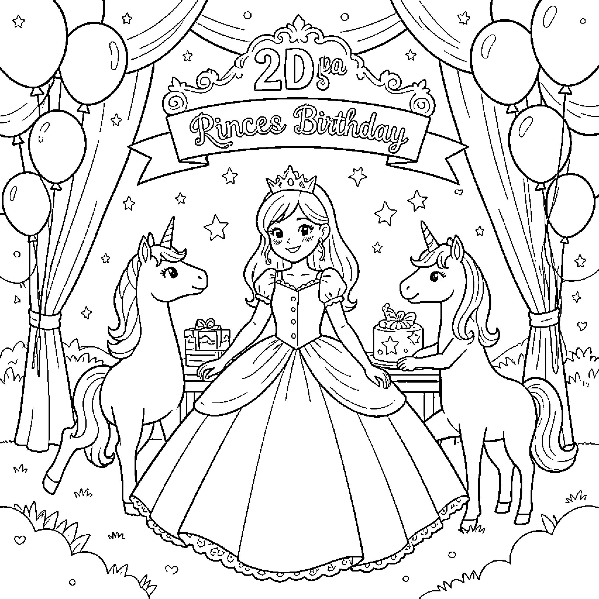 Unicorns celebrating a princess birthday party Coloring Page (free black-and-white line drawing printable PDF for all, from beginners to advanced learners, including children, teens, adults, and seniors)