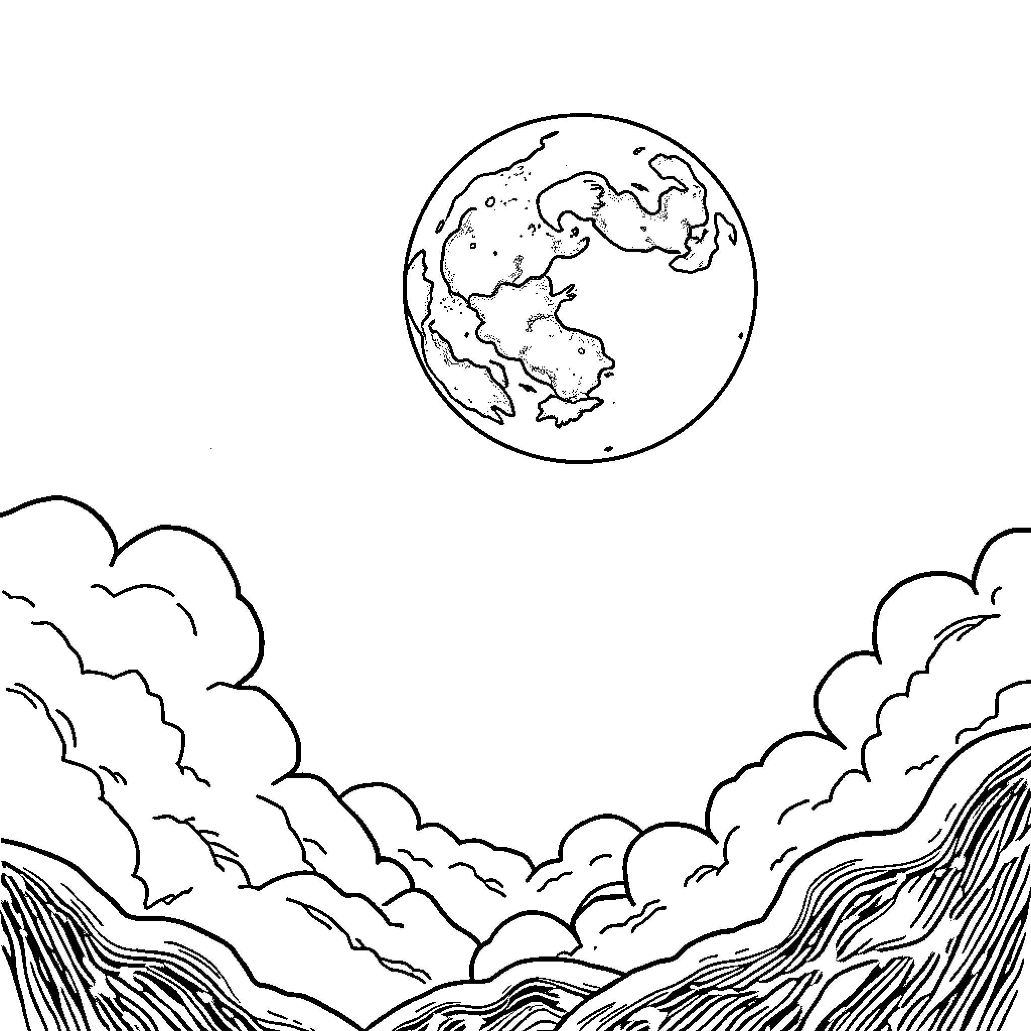 Moon Shining Over Cloudy Mountain Landscape Coloring Page (free black-and-white line drawing printable PDF for all, from beginners to advanced learners, including children, teens, adults, and seniors)