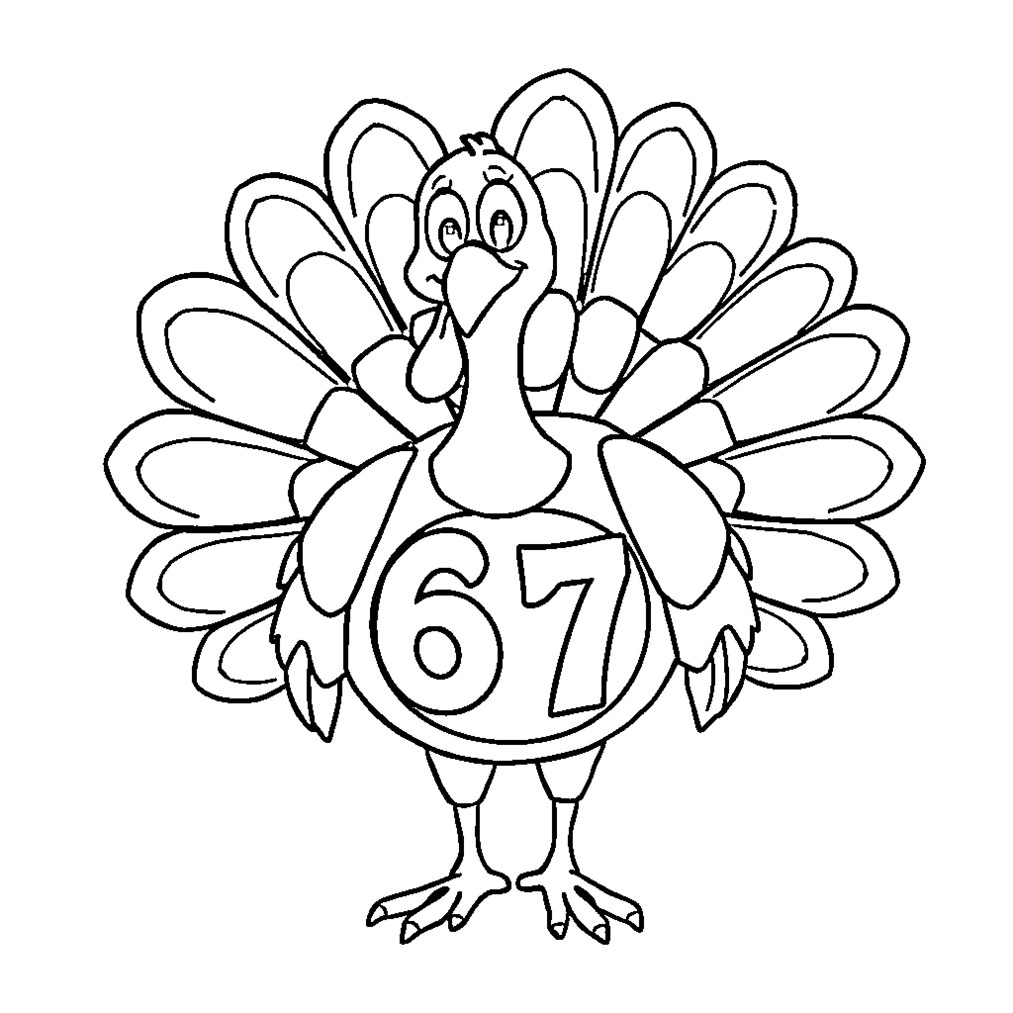 Turkey with festive number 67 on its feathers Coloring Page (free black-and-white line drawing printable PDF for all, from beginners to advanced learners, including children, teens, adults, and seniors)