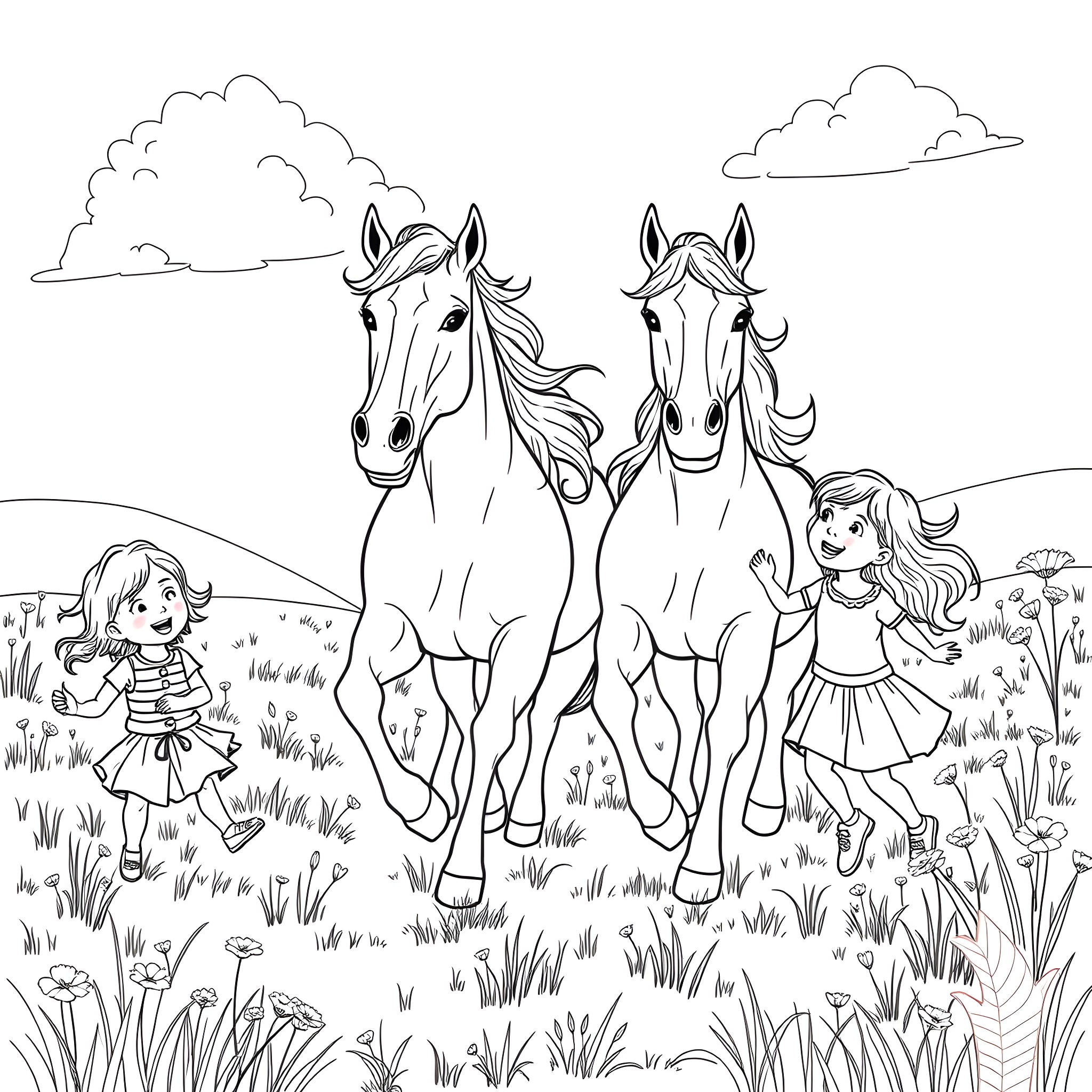 Horse and young girls in the countryside Coloring Page (free black-and-white line drawing printable PDF for all, from beginners to advanced learners, including children, teens, adults, and seniors)