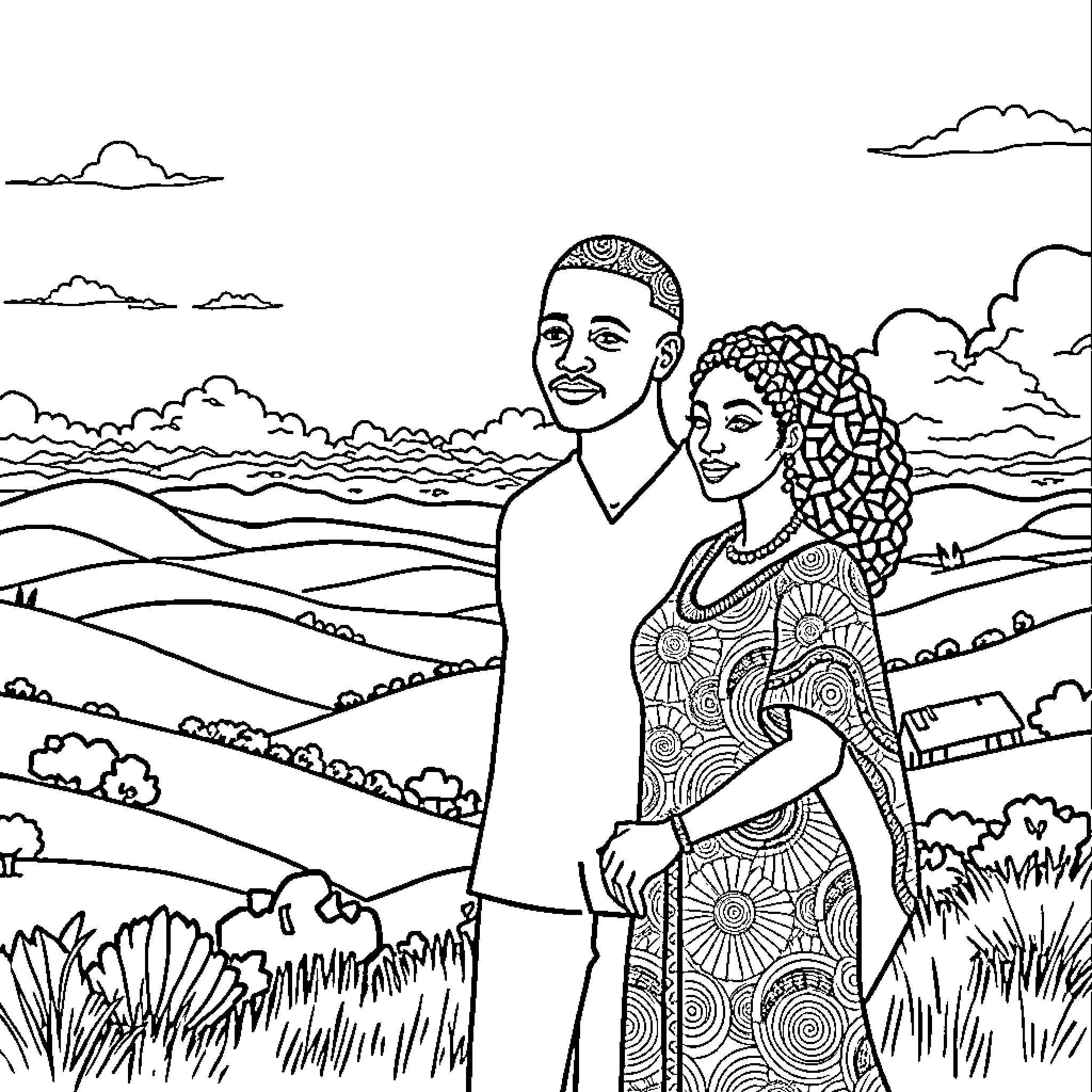Couple embracing in a scenic landscape Coloring Page (free black-and-white line drawing printable PDF for all, from beginners to advanced learners, including children, teens, adults, and seniors)