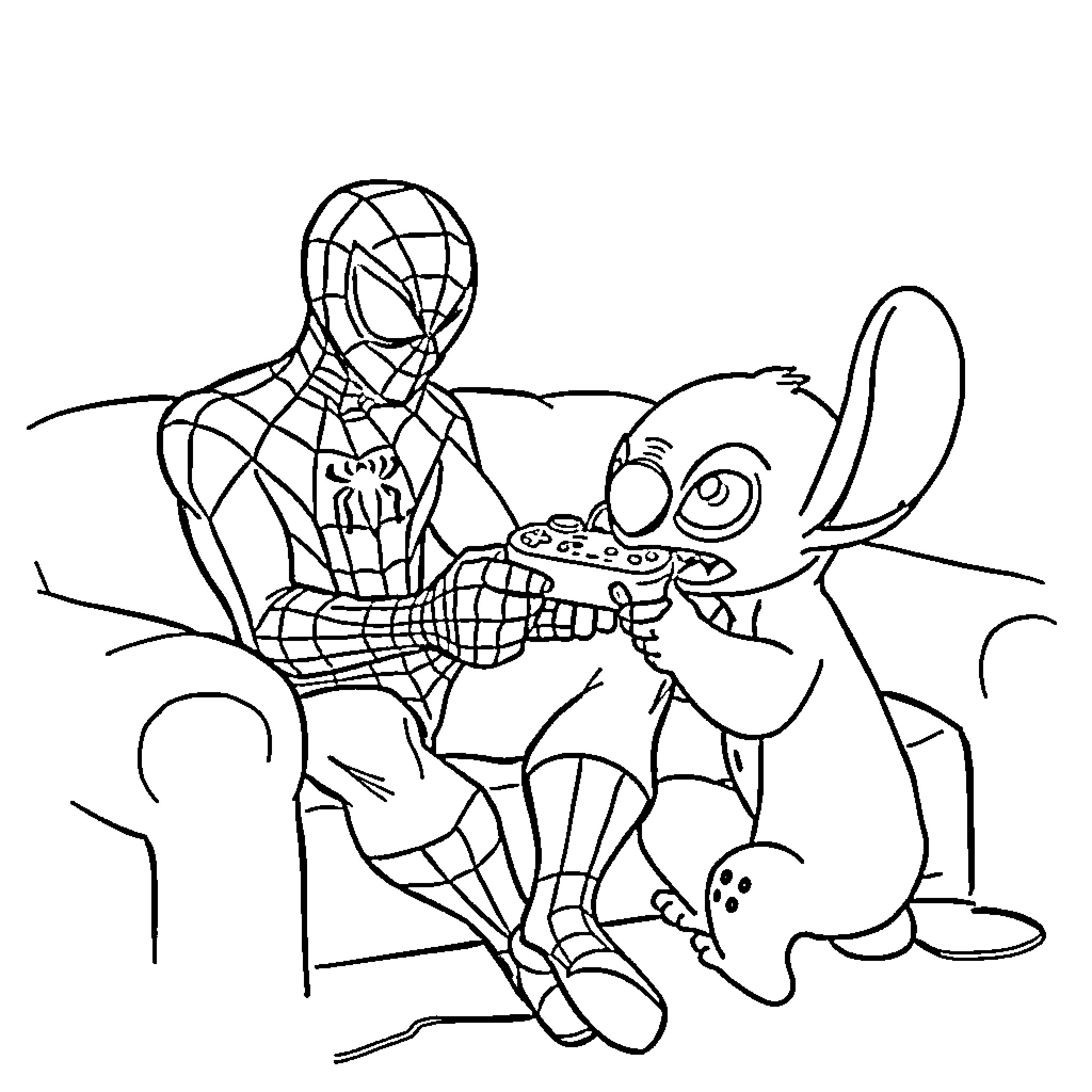 Spiderman interacting with lovable cartoon character Coloring Page (free black-and-white line drawing printable PDF for all, from beginners to advanced learners, including children, teens, adults, and seniors)