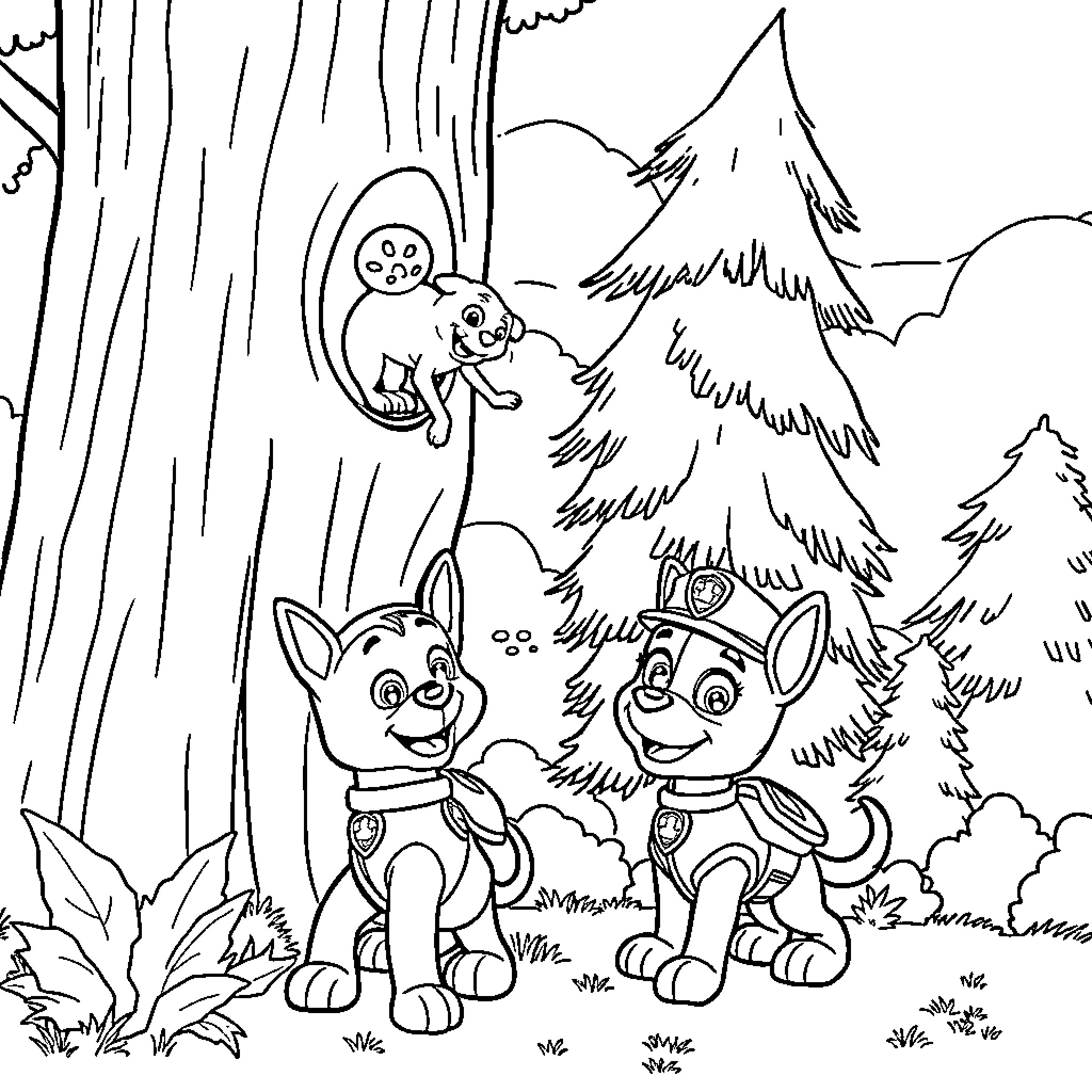 Paw Patrol characters exploring the forest Coloring Page (free black-and-white line drawing printable PDF for all, from beginners to advanced learners, including children, teens, adults, and seniors)