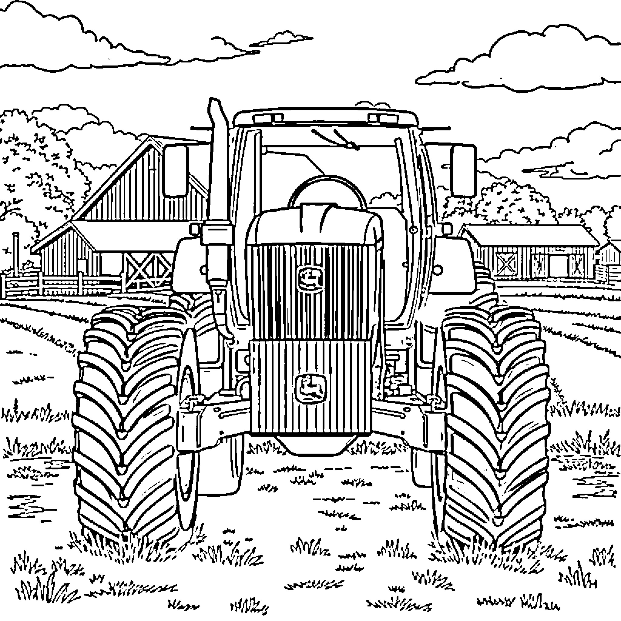 Tractor driving through rural countryside scene Coloring Page (free black-and-white line drawing printable PDF for all, from beginners to advanced learners, including children, teens, adults, and seniors)