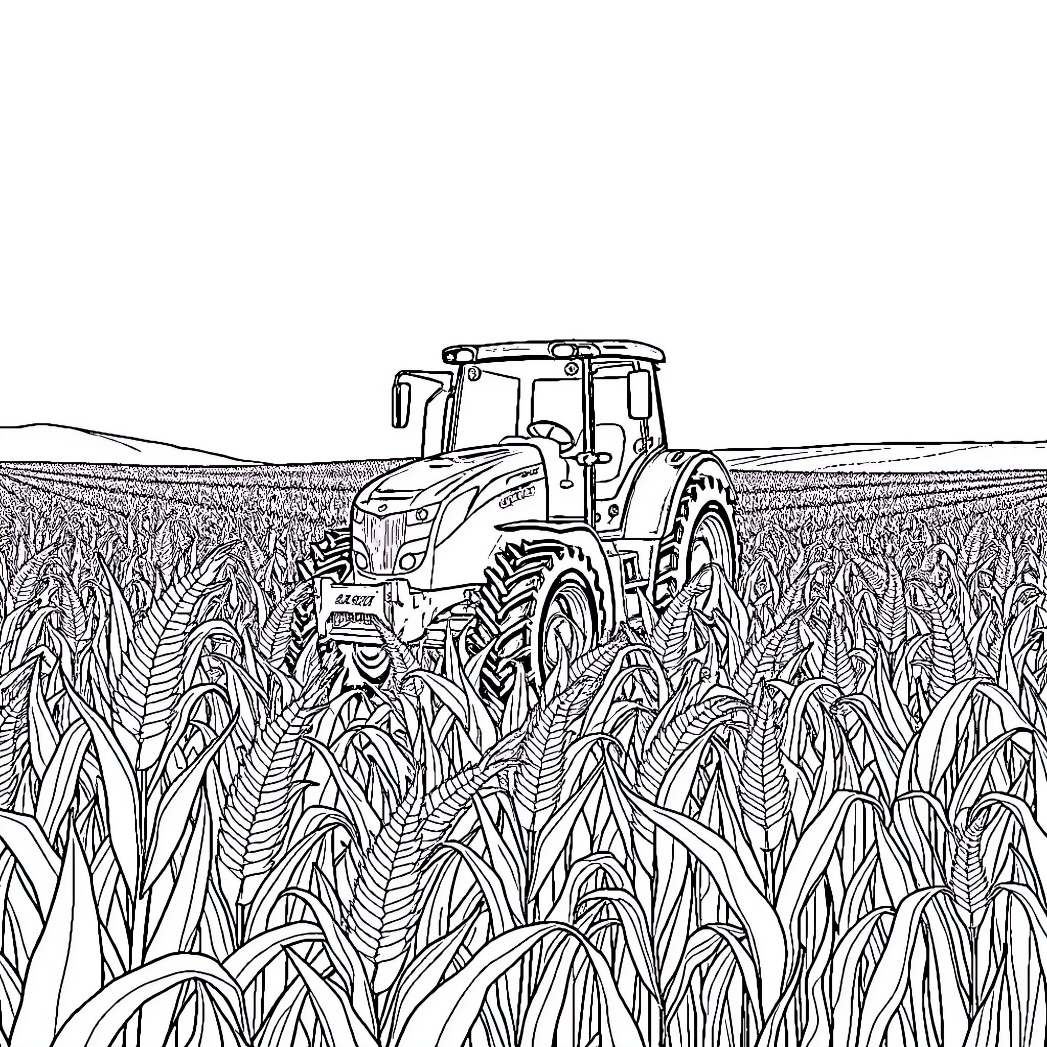 Tractor plowing through a vast crop field Coloring Page (free black-and-white line drawing printable PDF for all, from beginners to advanced learners, including children, teens, adults, and seniors)