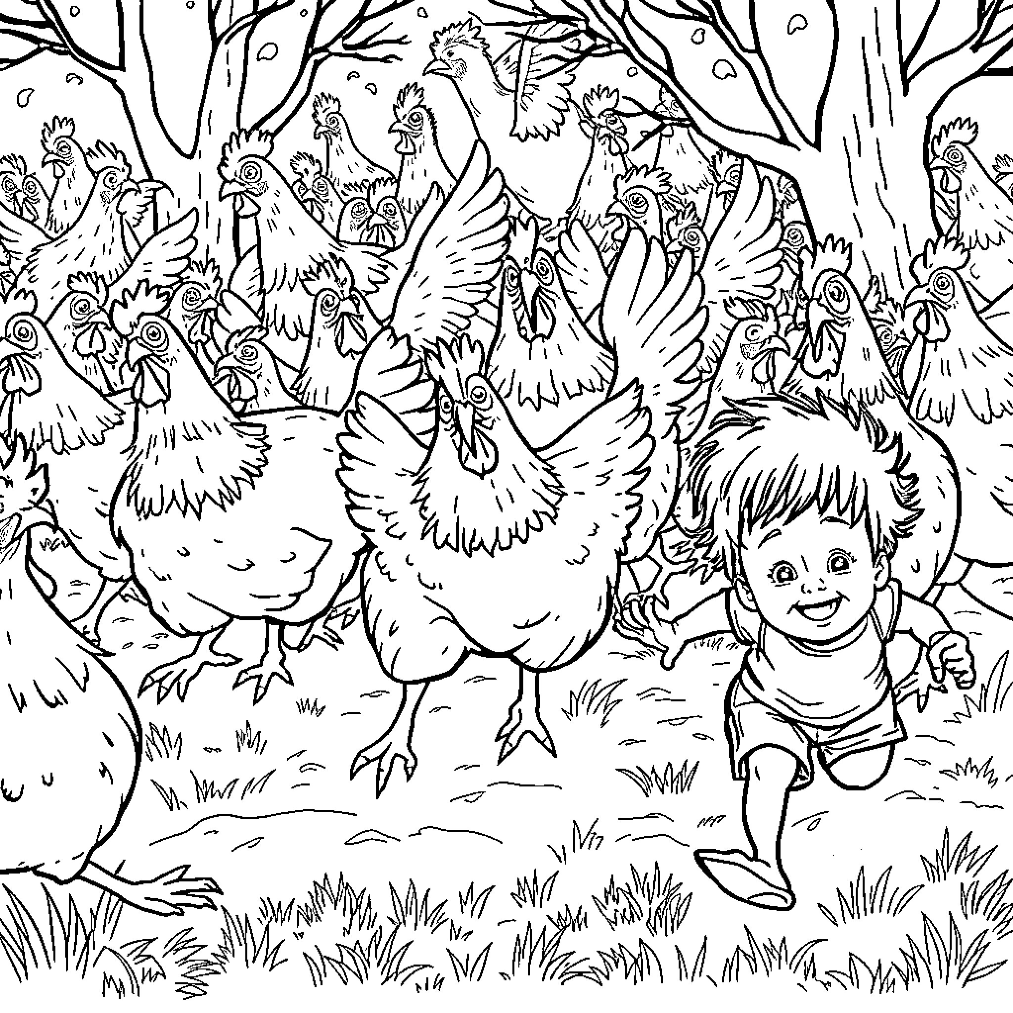 Chicken and child exploring the forest Coloring Page (free black-and-white line drawing printable PDF for all, from beginners to advanced learners, including children, teens, adults, and seniors)