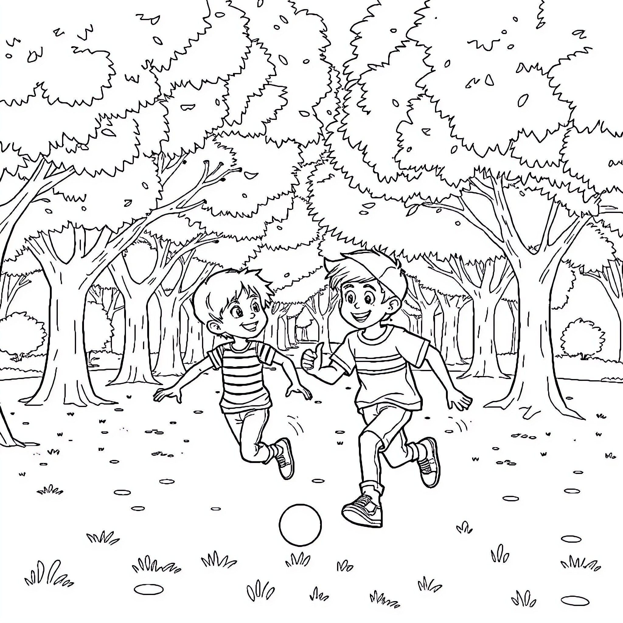 Niño friends playing and running in the park Coloring Page (free black-and-white line drawing printable PDF for all, from beginners to advanced learners, including children, teens, adults, and seniors)