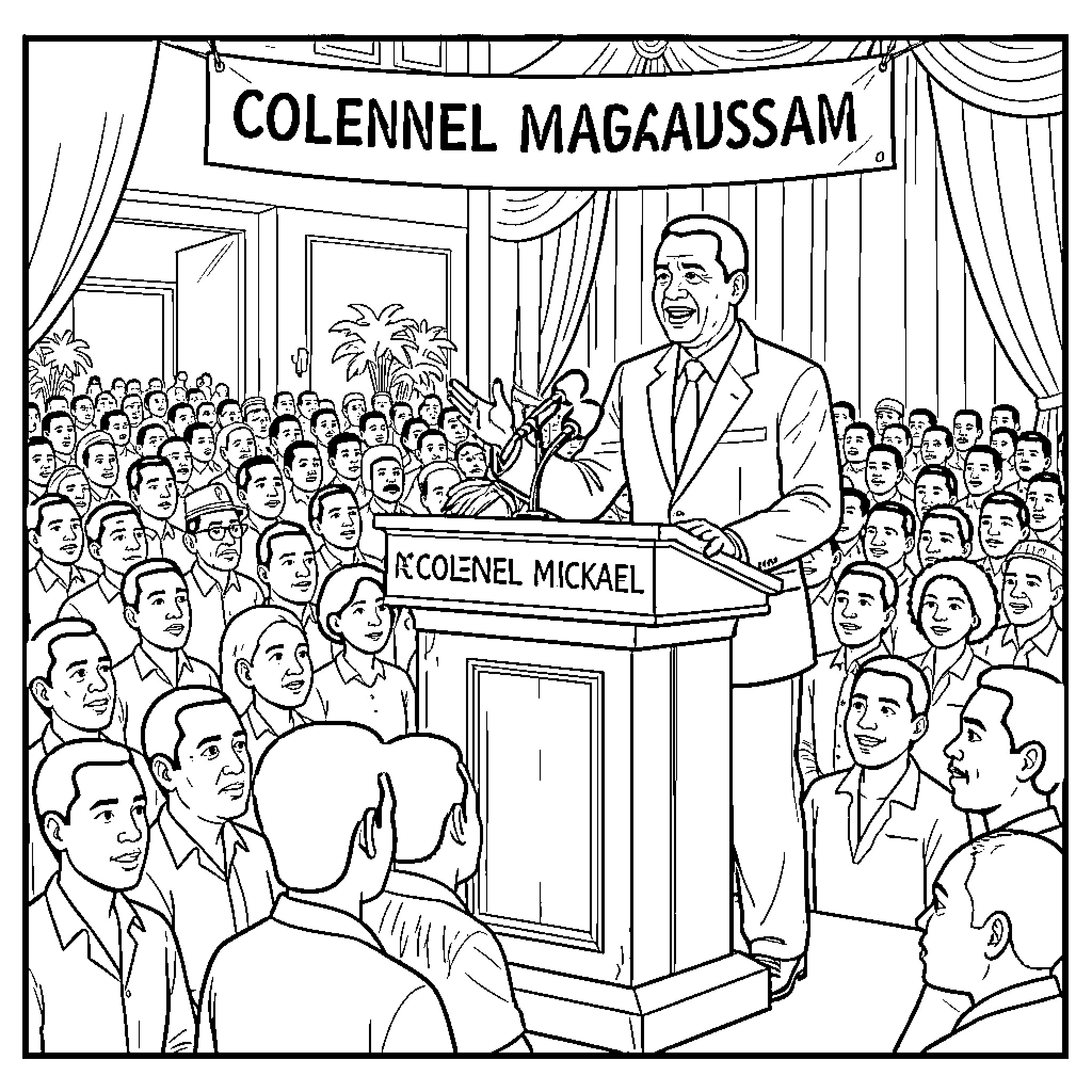 Colonel delivering an inspiring speech to a large crowd Coloring Page (free black-and-white line drawing printable PDF for all, from beginners to advanced learners, including children, teens, adults, and seniors)