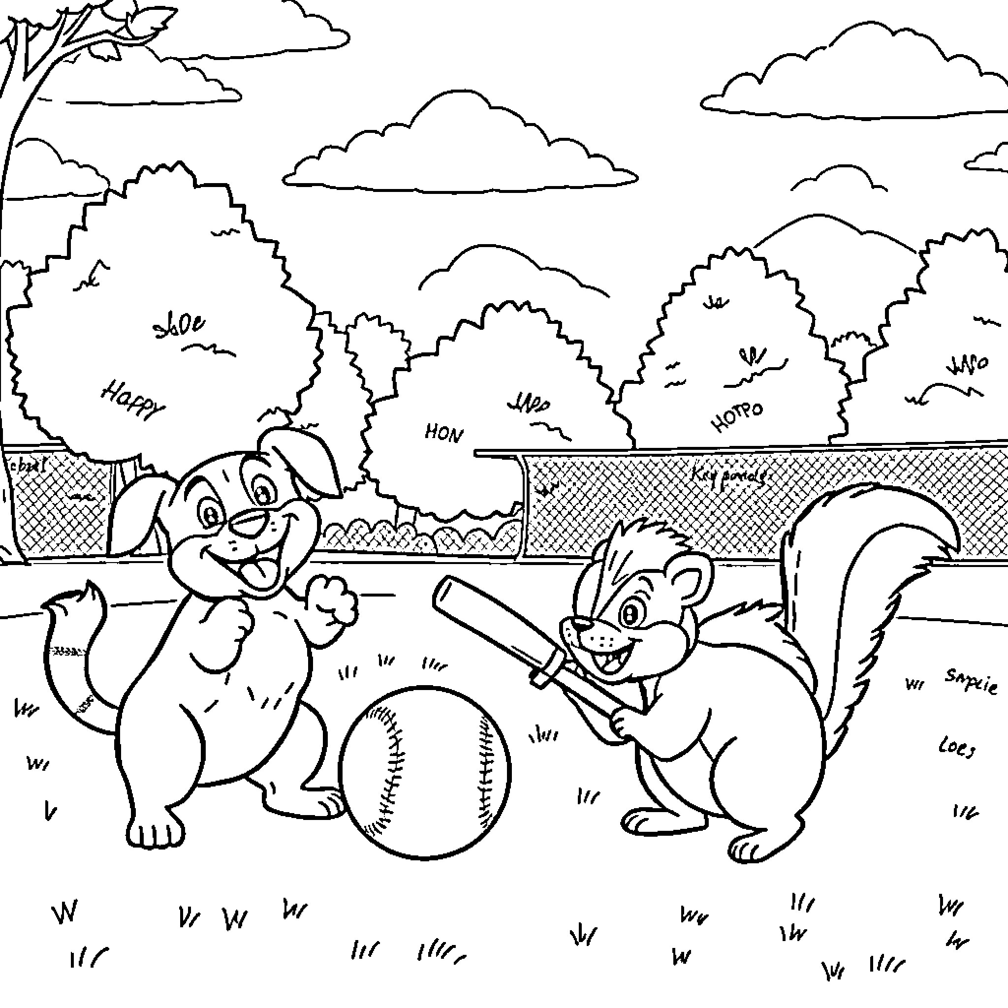 Dog and Squirrel Playing with Ball in the Park Coloring Page (free black-and-white line drawing printable PDF for all, from beginners to advanced learners, including children, teens, adults, and seniors)