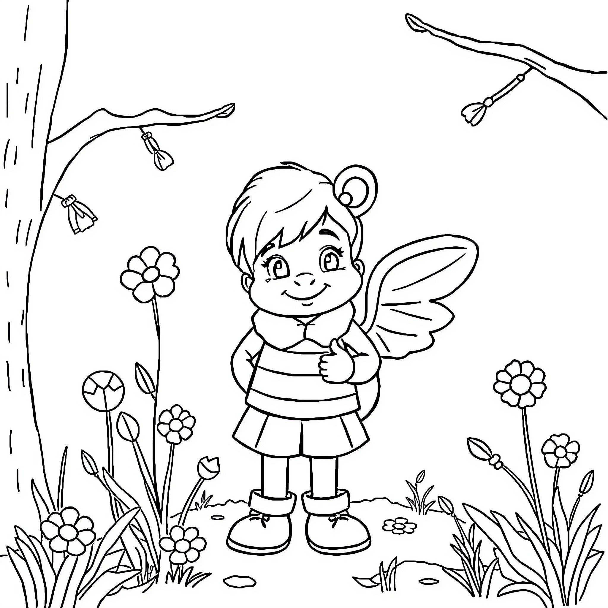 Éducatif fairy girl exploring nature's beauty Coloring Page (free black-and-white line drawing printable PDF for all, from beginners to advanced learners, including children, teens, adults, and seniors)
