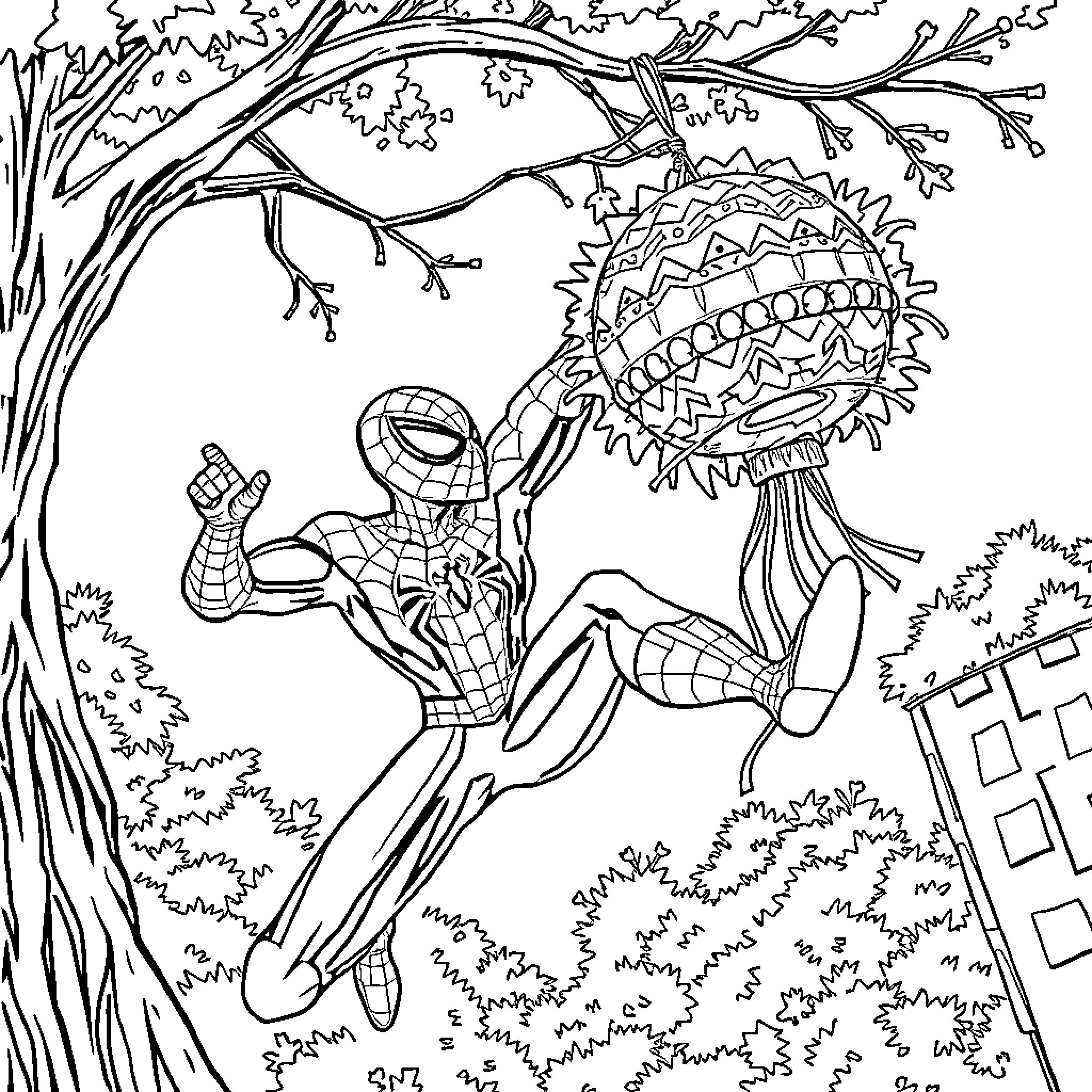 Spider-Man swinging through the city and fighting a giant enemy Coloring Page (free black-and-white line drawing printable PDF for all, from beginners to advanced learners, including children, teens, adults, and seniors)