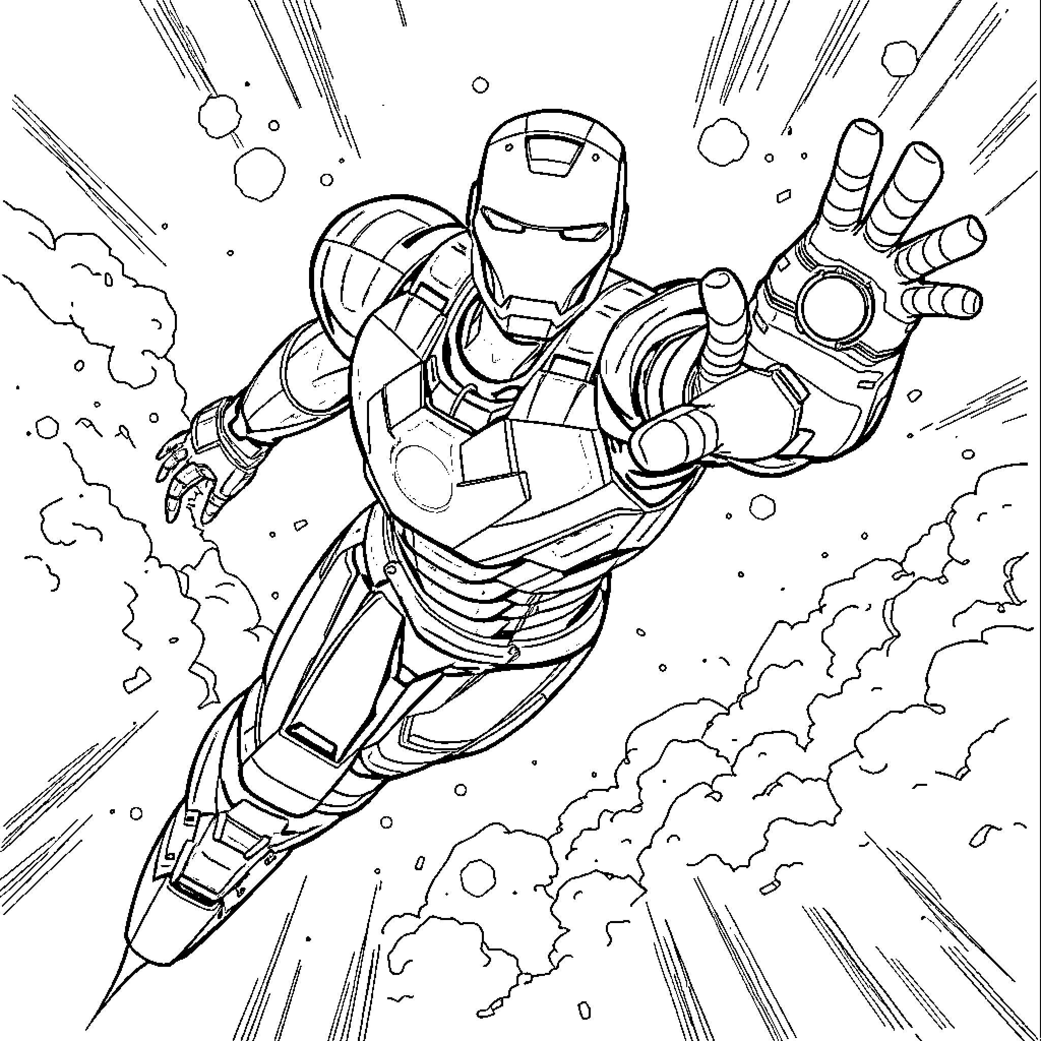 Iron Man in action-packed superhero pose Coloring Page (free black-and-white line drawing printable PDF for all, from beginners to advanced learners, including children, teens, adults, and seniors)
