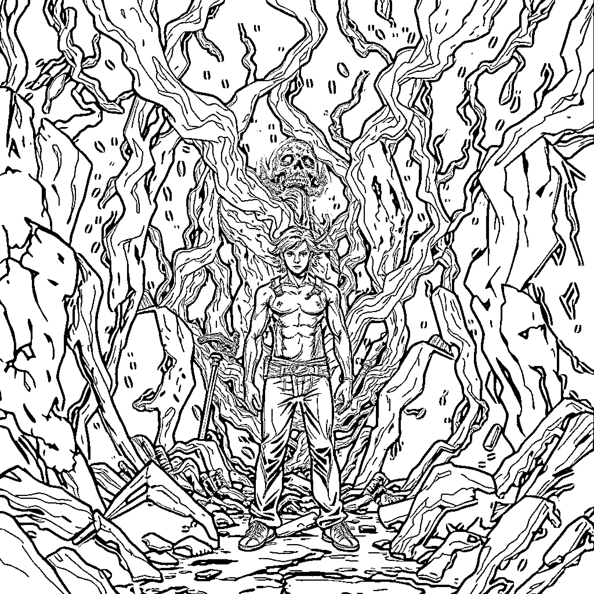 Adult figure emerging from chaotic, abstract surroundings Coloring Page (free black-and-white line drawing printable PDF for all, from beginners to advanced learners, including children, teens, adults, and seniors)