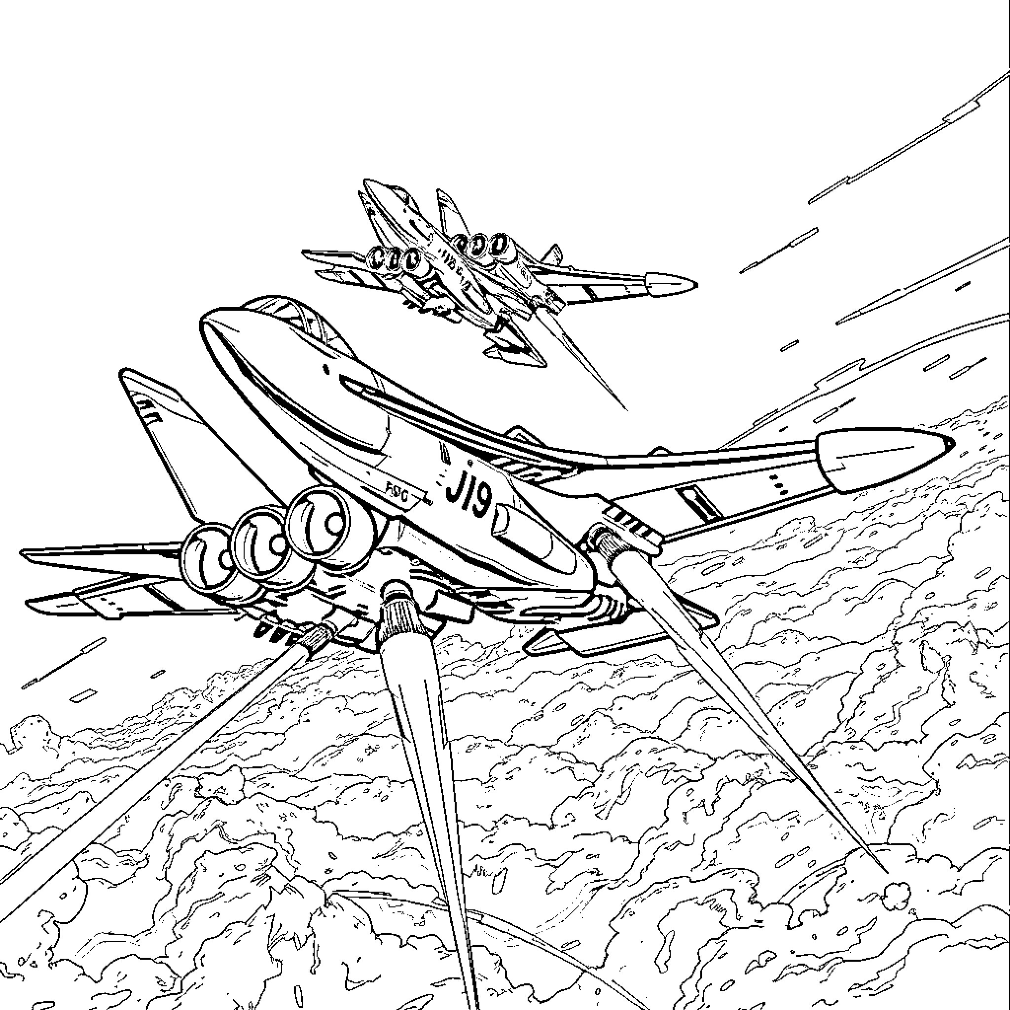 F14 Tomcat fighters engaged in aerial maneuvers Coloring Page (free black-and-white line drawing printable PDF for all, from beginners to advanced learners, including children, teens, adults, and seniors)