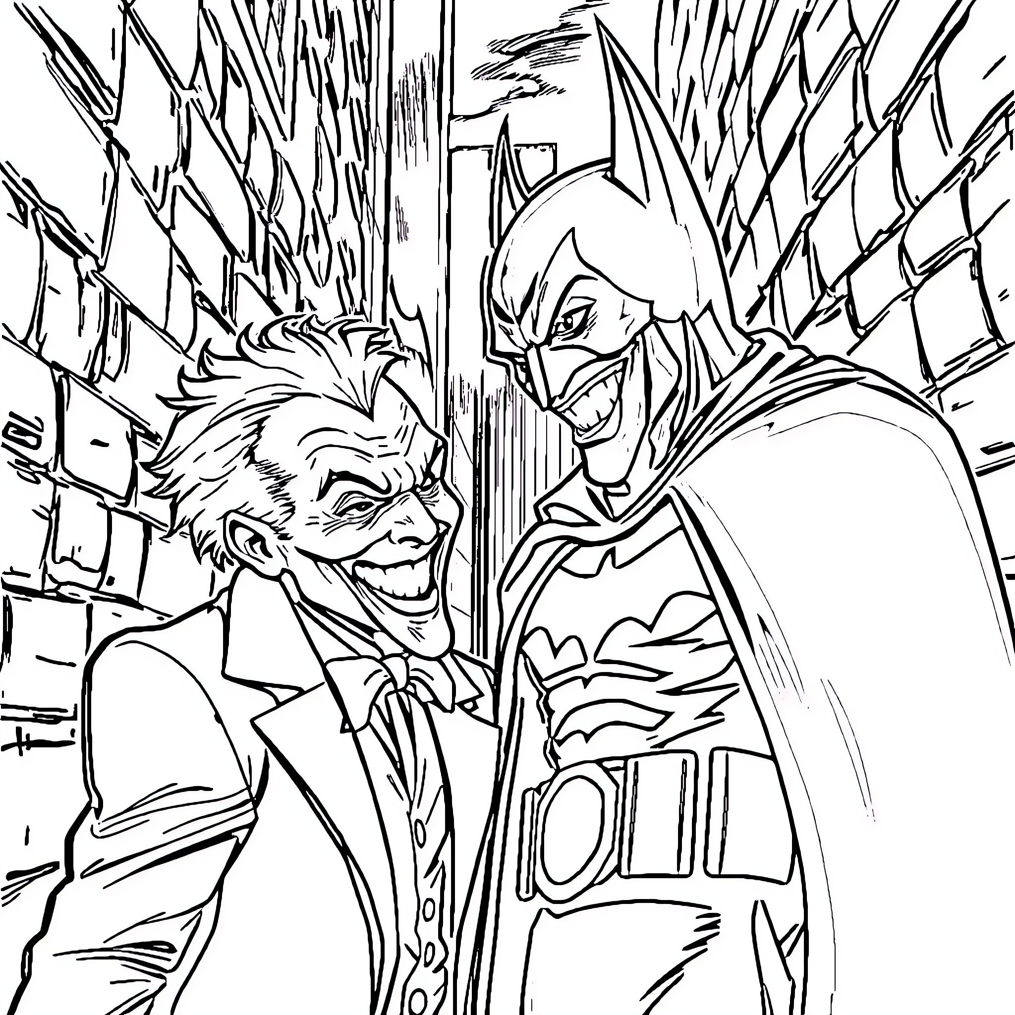 Joker and Batman's confrontation in the city Coloring Page (free black-and-white line drawing printable PDF for all, from beginners to advanced learners, including children, teens, adults, and seniors)