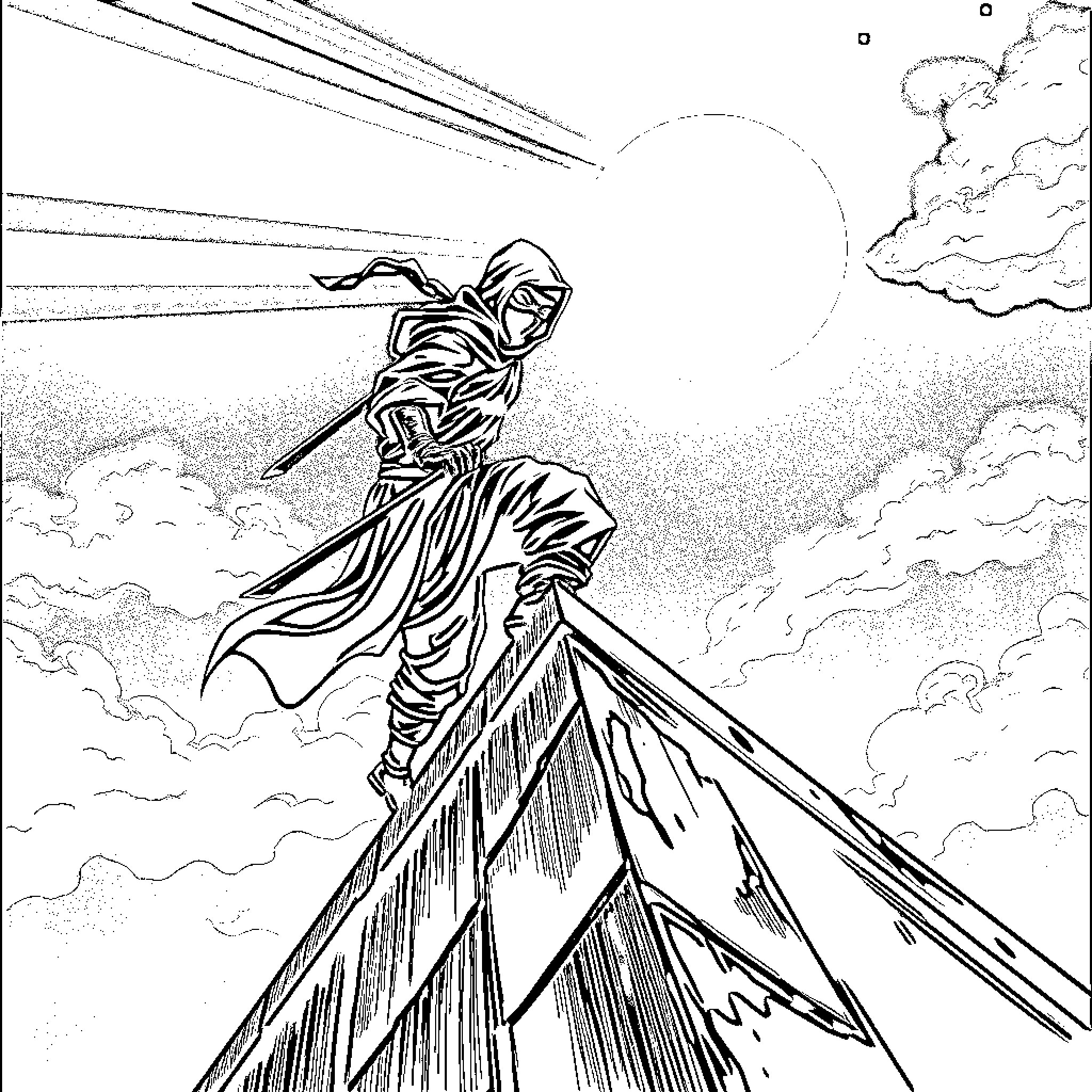 Ninja warrior scaling towering mountain peak Coloring Page (free black-and-white line drawing printable PDF for all, from beginners to advanced learners, including children, teens, adults, and seniors)