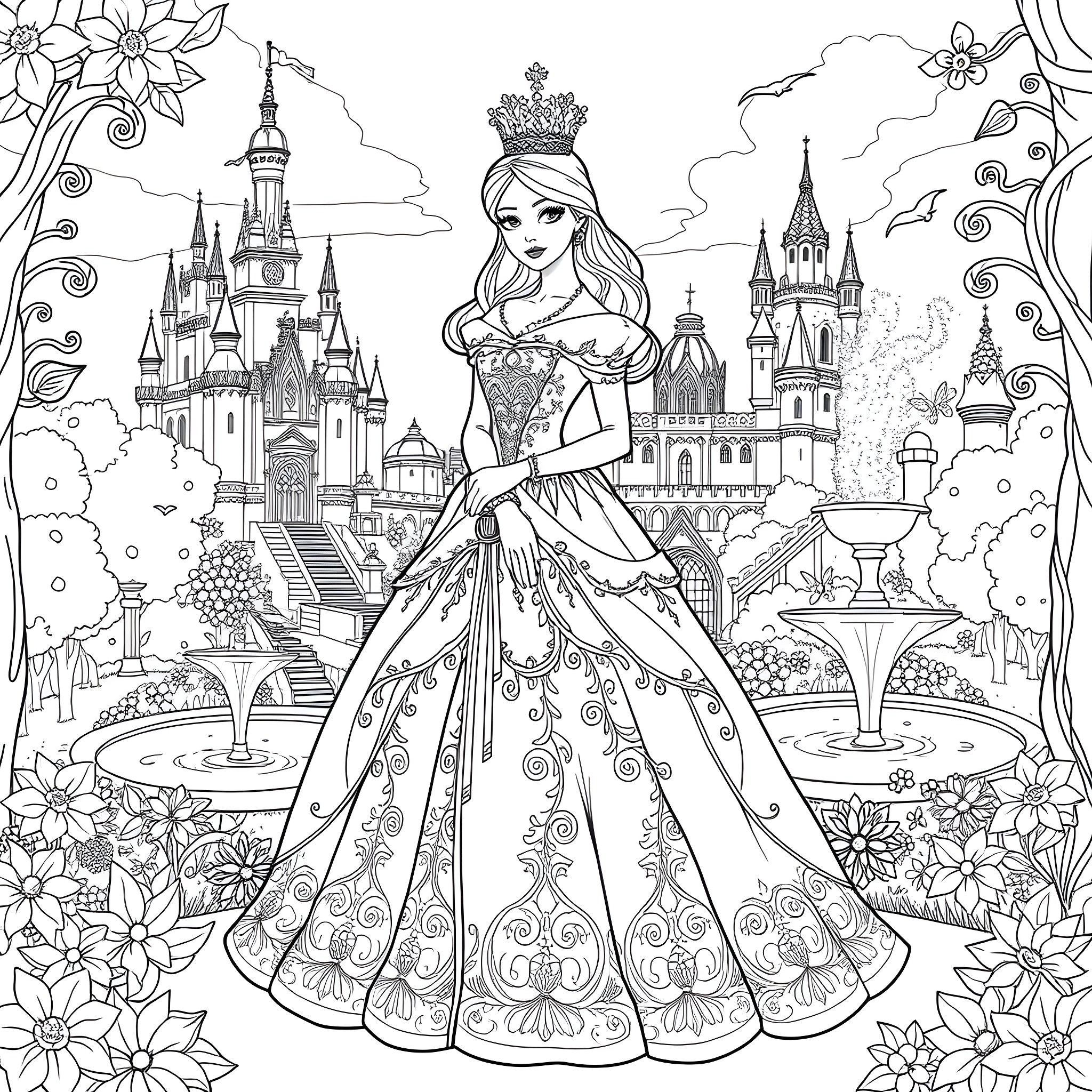 Princess in Enchanting Castle Landscape Coloring Page (free black-and-white line drawing printable PDF for all, from beginners to advanced learners, including children, teens, adults, and seniors)