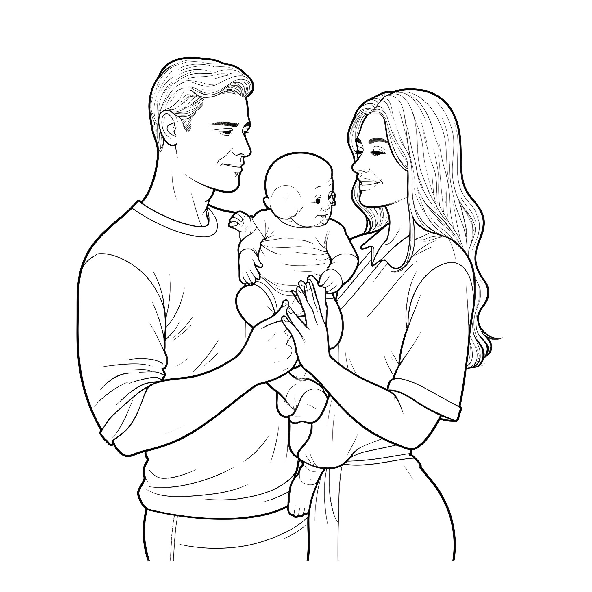 Wife and husband holding their newborn baby Coloring Page (free black-and-white line drawing printable PDF for all, from beginners to advanced learners, including children, teens, adults, and seniors)